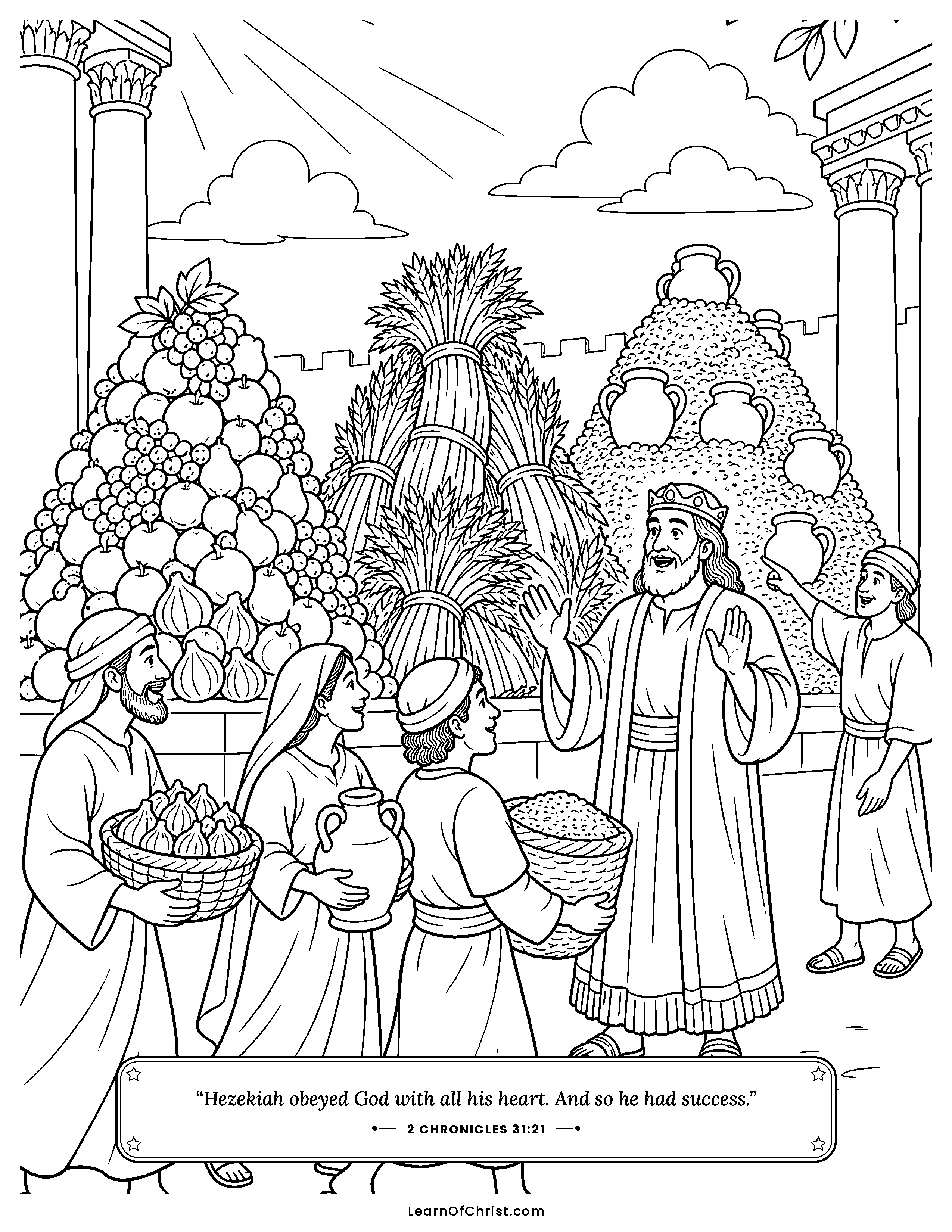 2 Chronicles 31 coloring page - Heaps of gifts pile up in rows. Free printable Bible coloring sheet for kids.