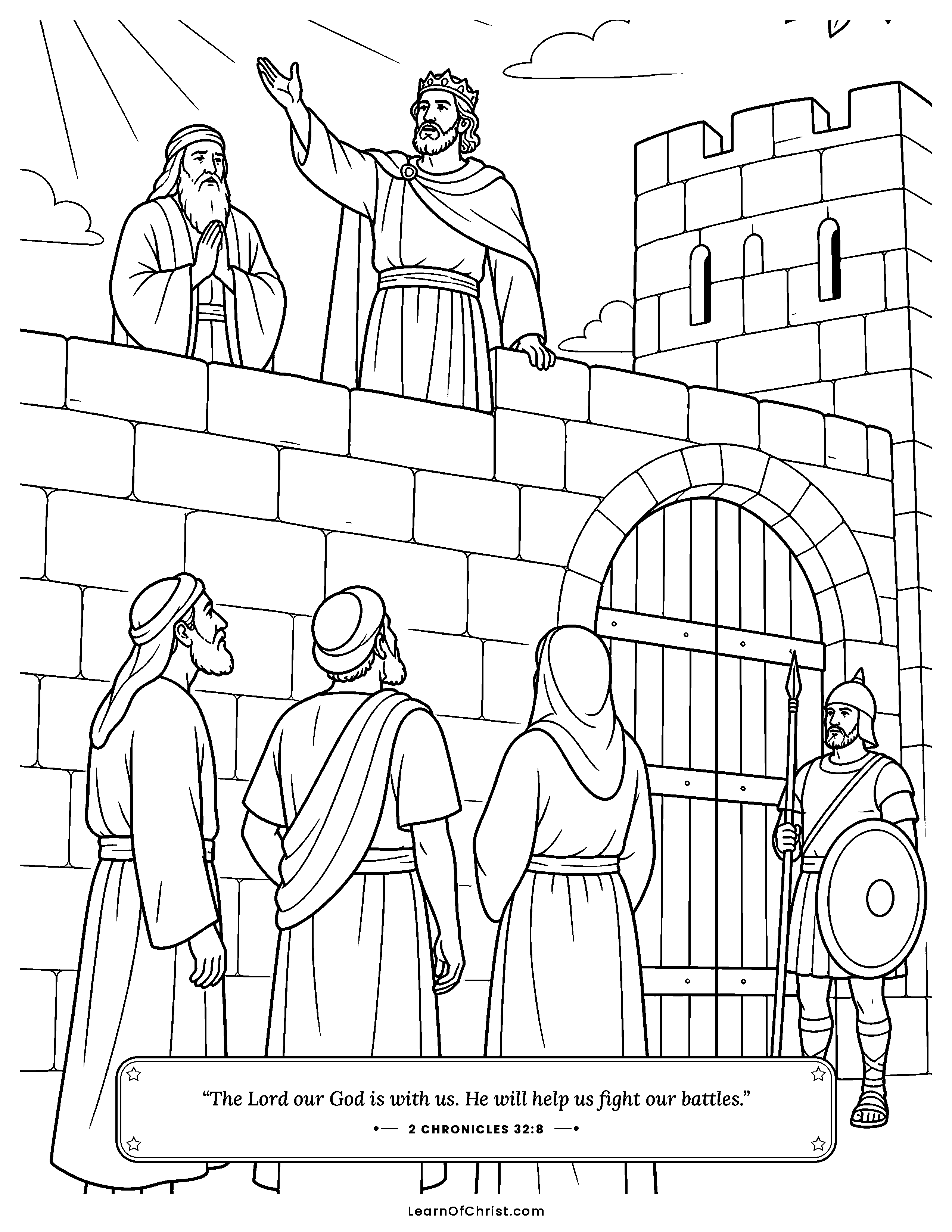 2 Chronicles 32 coloring page - Hezekiah encourages the people on the wall. Free printable Bible coloring sheet for kids.