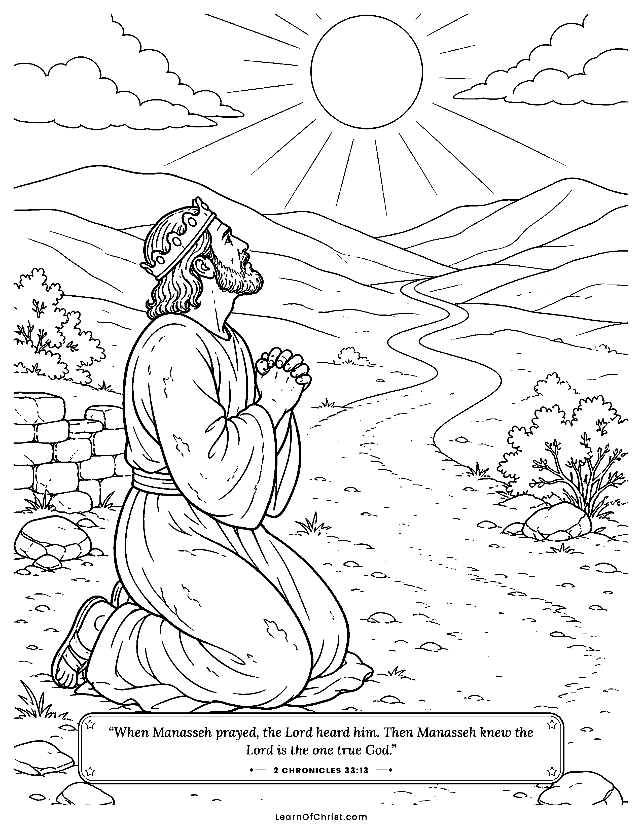 2 Chronicles 33 coloring page - Manasseh prays alone in a far land. Free printable Bible coloring sheet for kids.