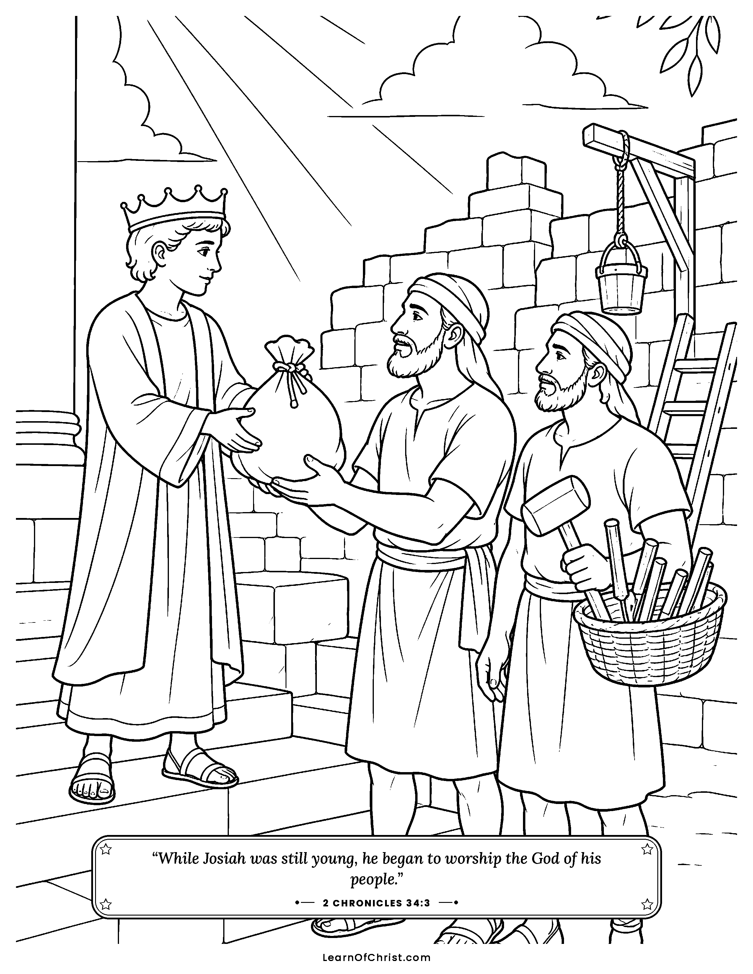 2 Chronicles 34 coloring page - The king sends the money out to the workmen. Free printable Bible coloring sheet for kids.