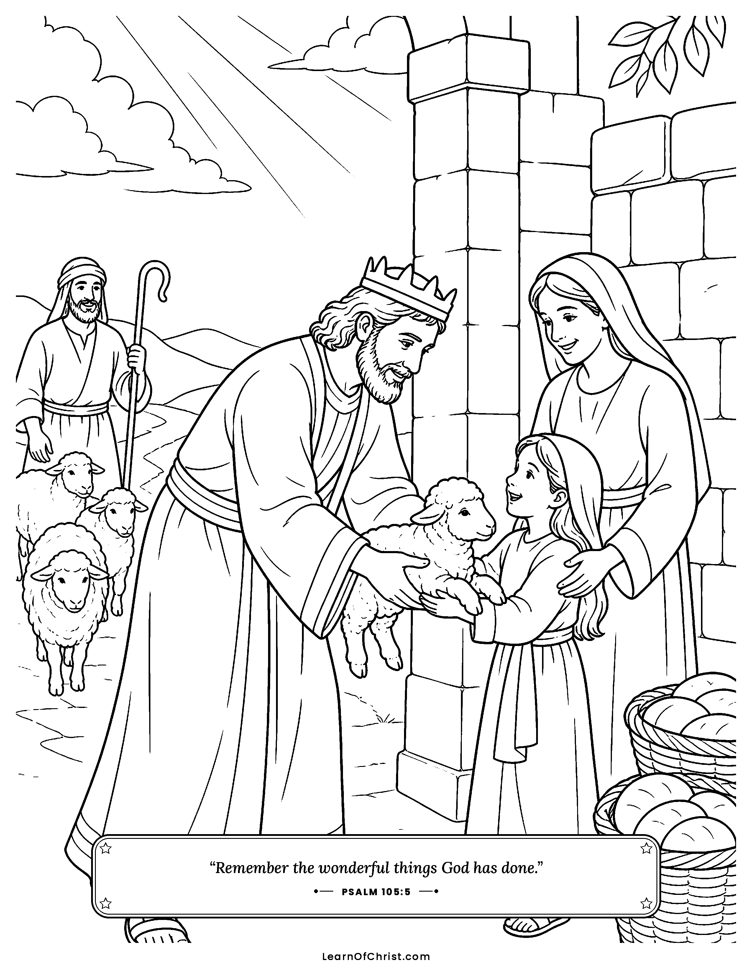 2 Chronicles 35 coloring page - Josiah gives lambs from his own flock. Free printable Bible coloring sheet for kids.