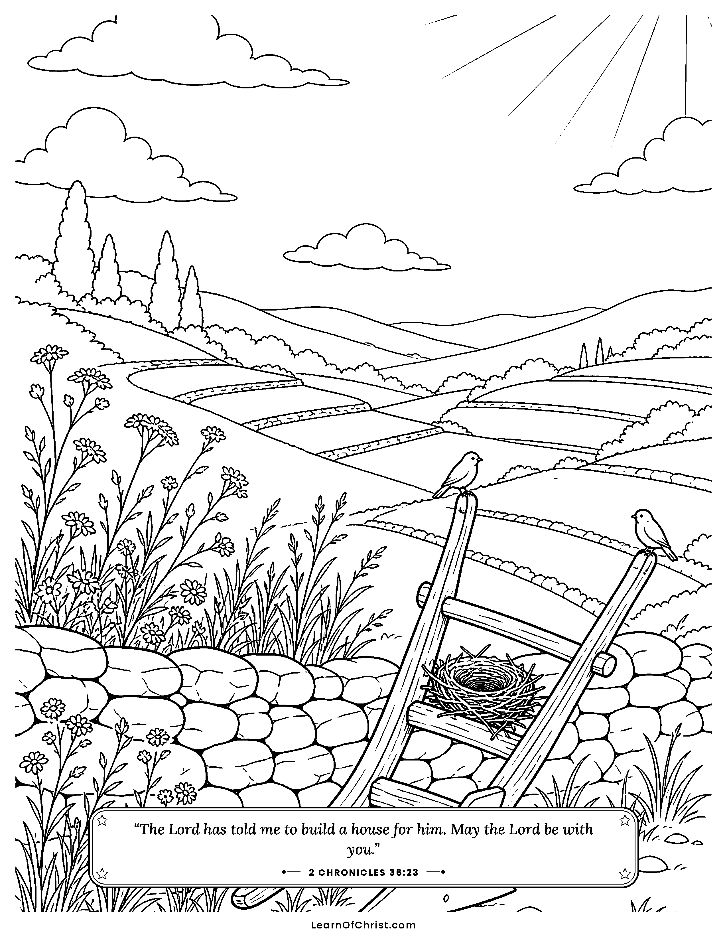 2 Chronicles 36 coloring page - The land rests for seventy years. Free printable Bible coloring sheet for kids.