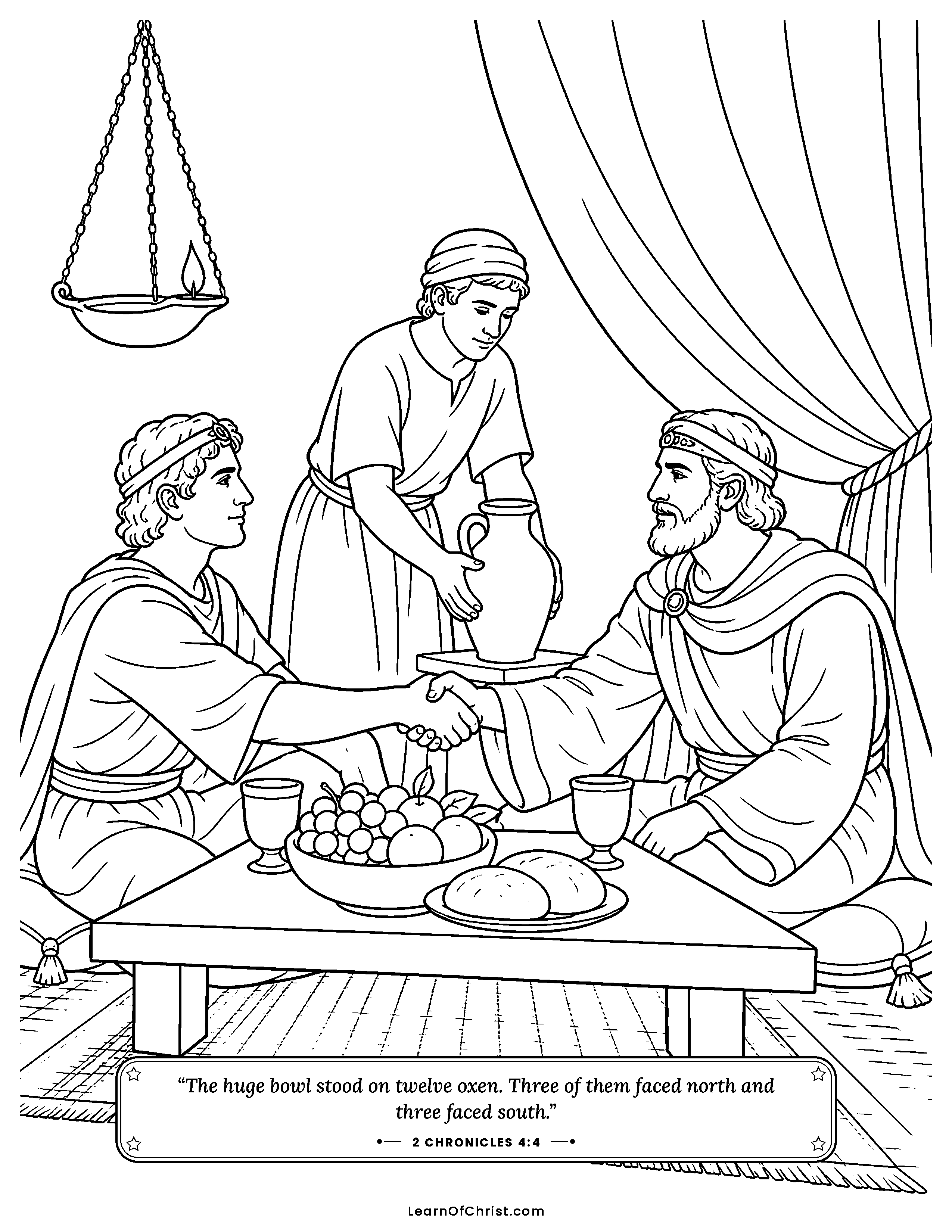 2 Chronicles 4 coloring page - The great bronze basin on twelve oxen. Free printable Bible coloring sheet for kids.