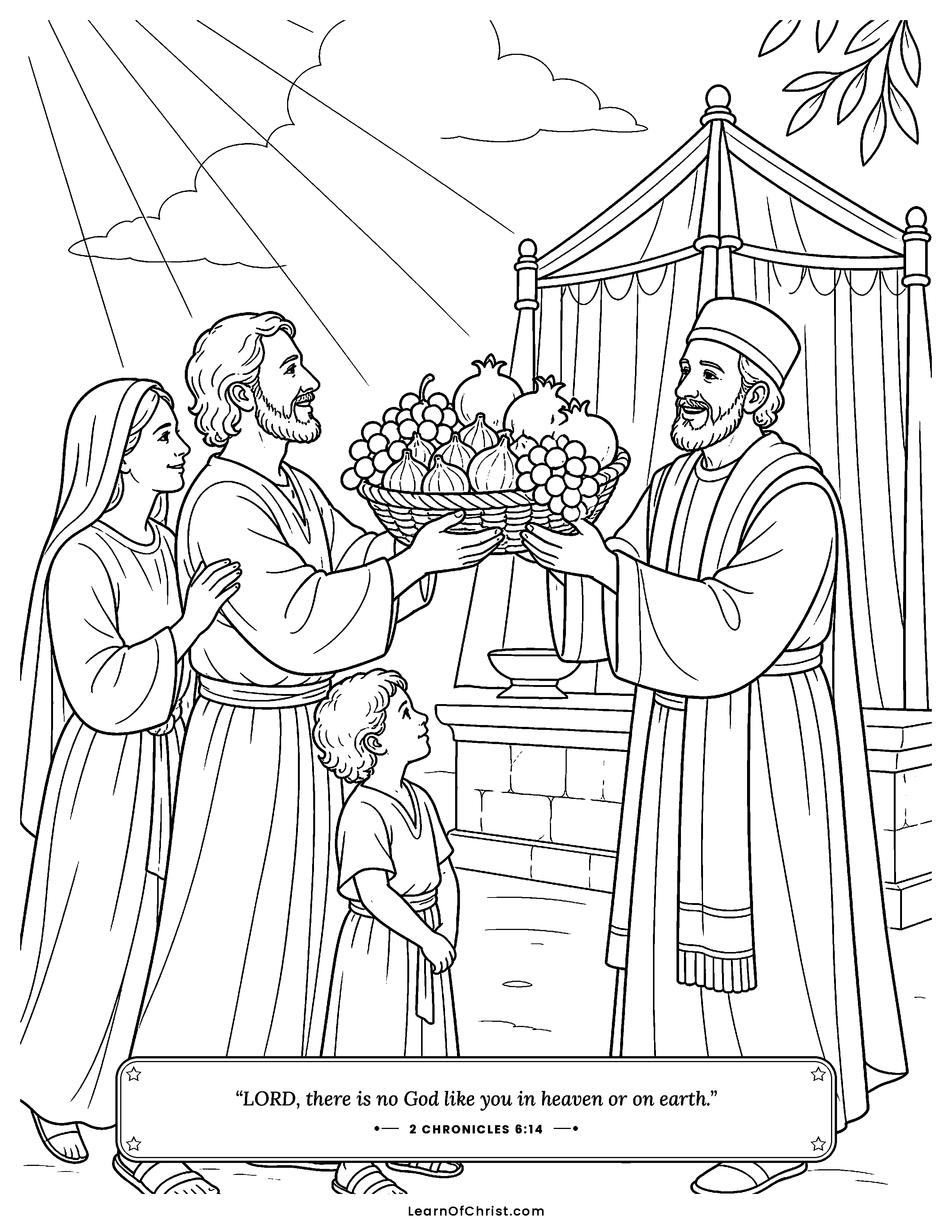 2 Chronicles 6 coloring page - Solomon kneels and prays for everyone. Free printable Bible coloring sheet for kids.
