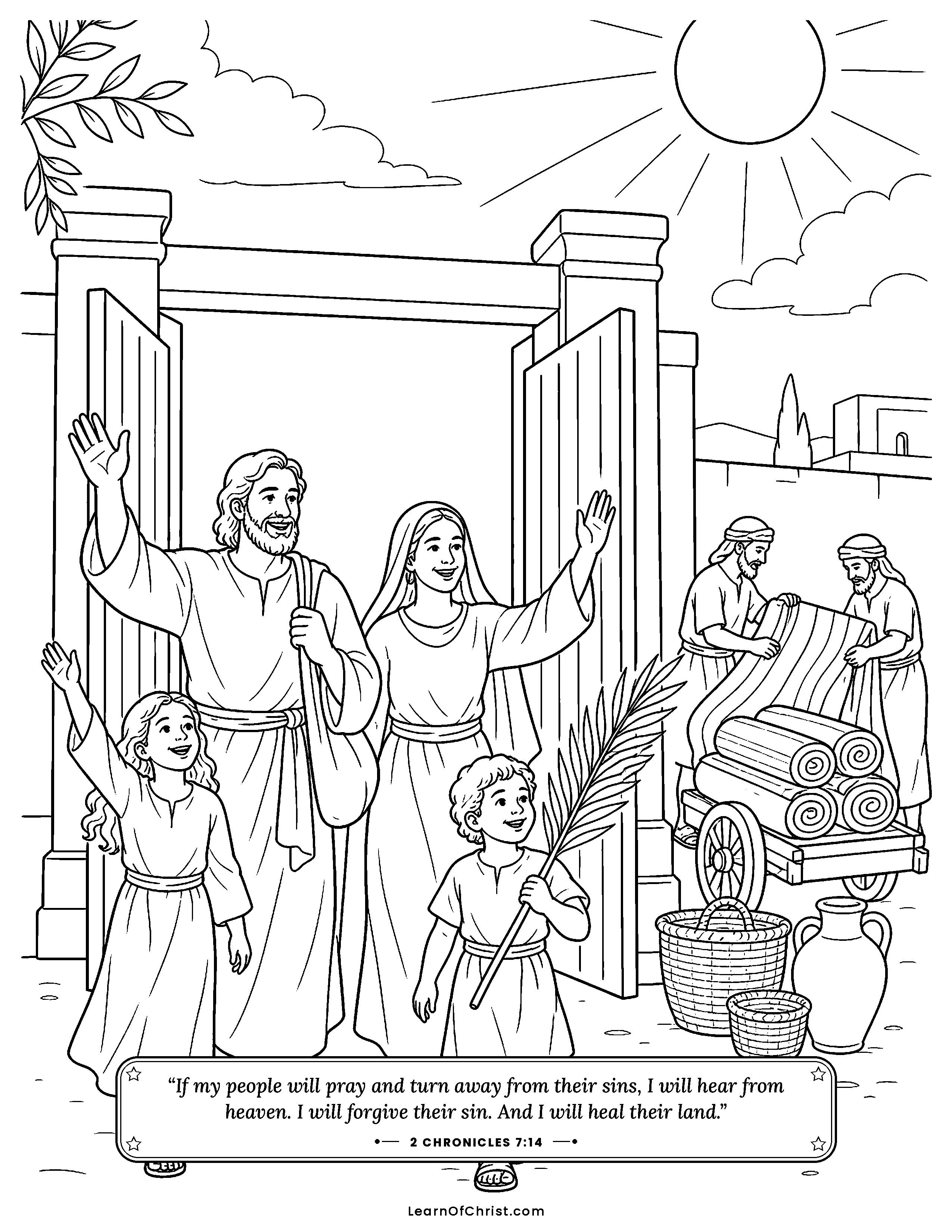 2 Chronicles 7 coloring page - Everyone goes home glad after the long feast. Free printable Bible coloring sheet for kids.