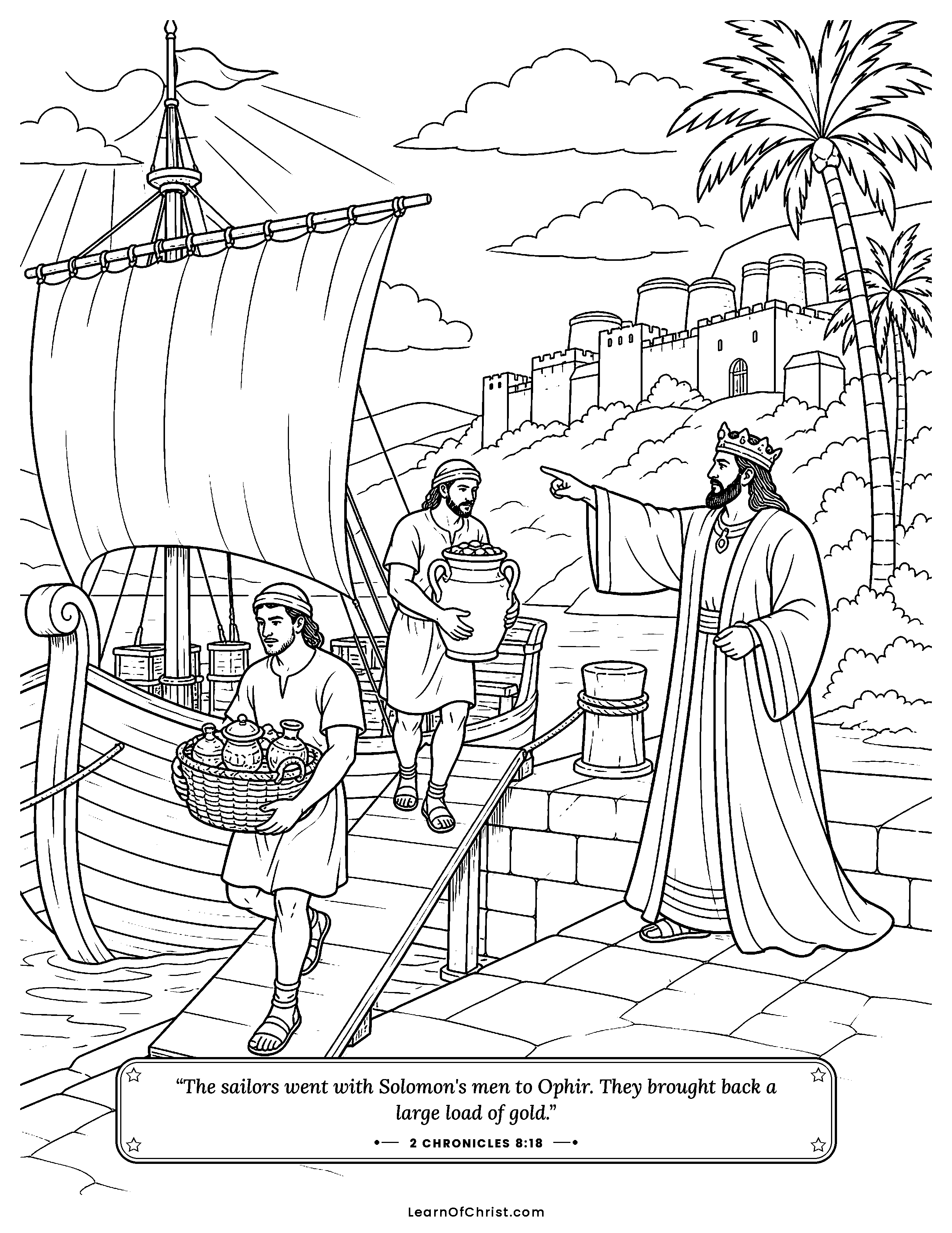 2 Chronicles 8 coloring page - Solomon's ships sail home with treasure. Free printable Bible coloring sheet for kids.