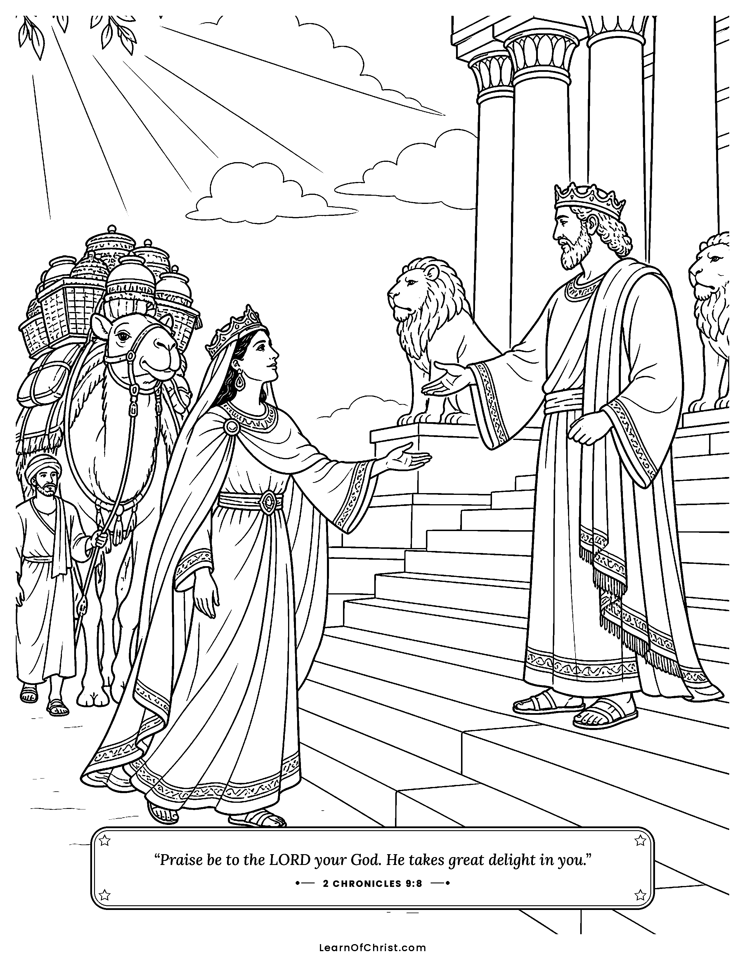 2 Chronicles 9 coloring page - The Queen of Sheba visits Solomon. Free printable Bible coloring sheet for kids.