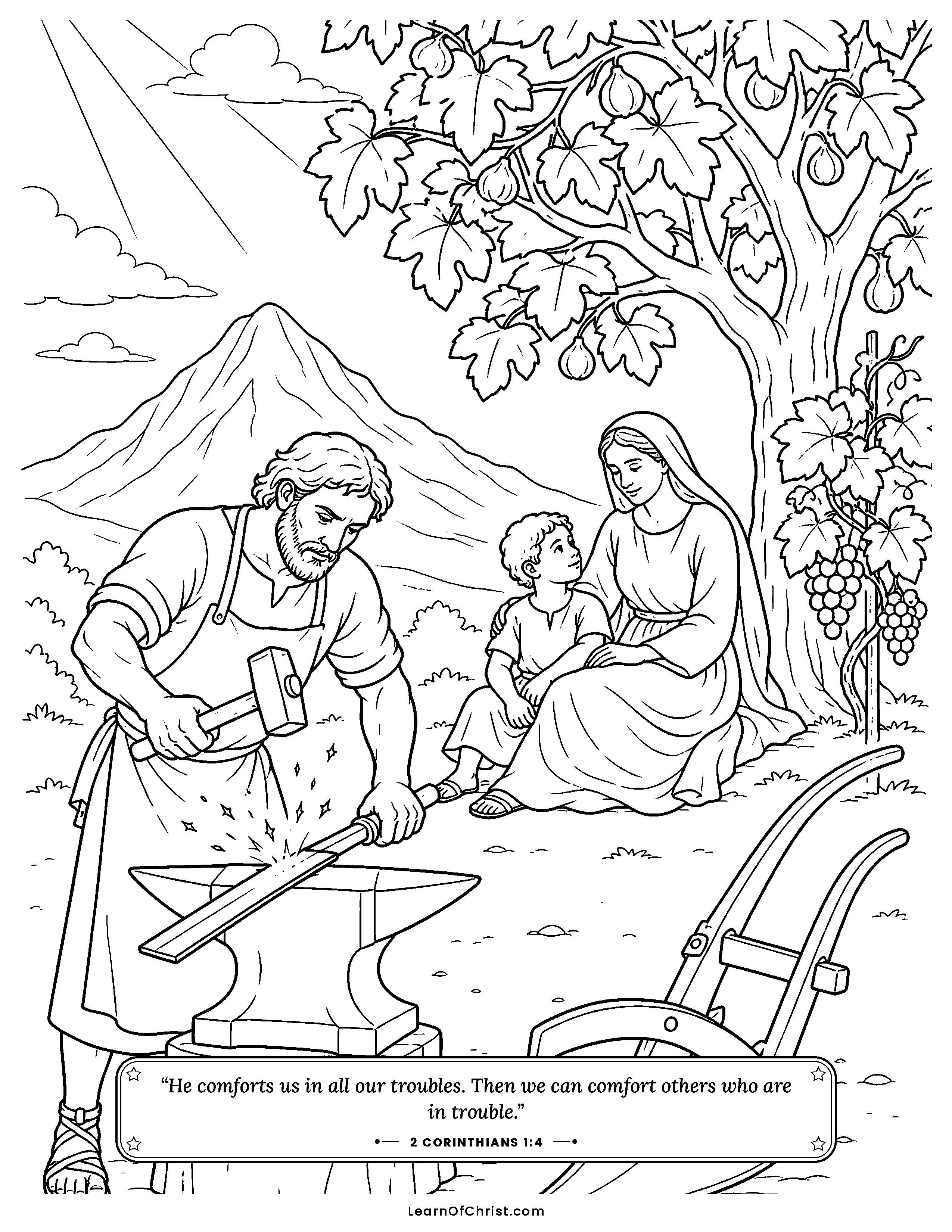 2 Corinthians 1 coloring page - Everyone pulls the same rope. Free printable Bible coloring sheet for kids.