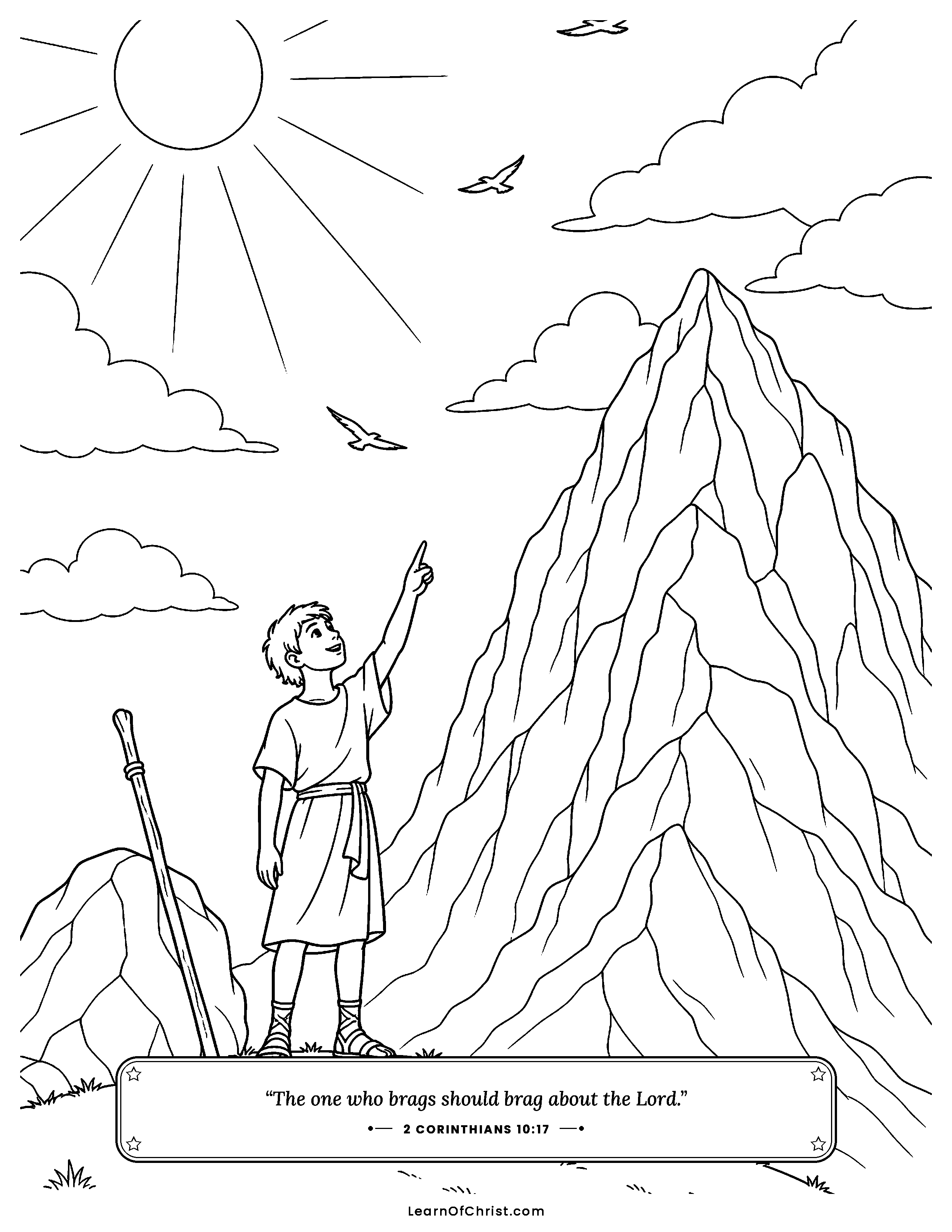 2 Corinthians 10 coloring page - Pointing up instead of at ourselves. Free printable Bible coloring sheet for kids.