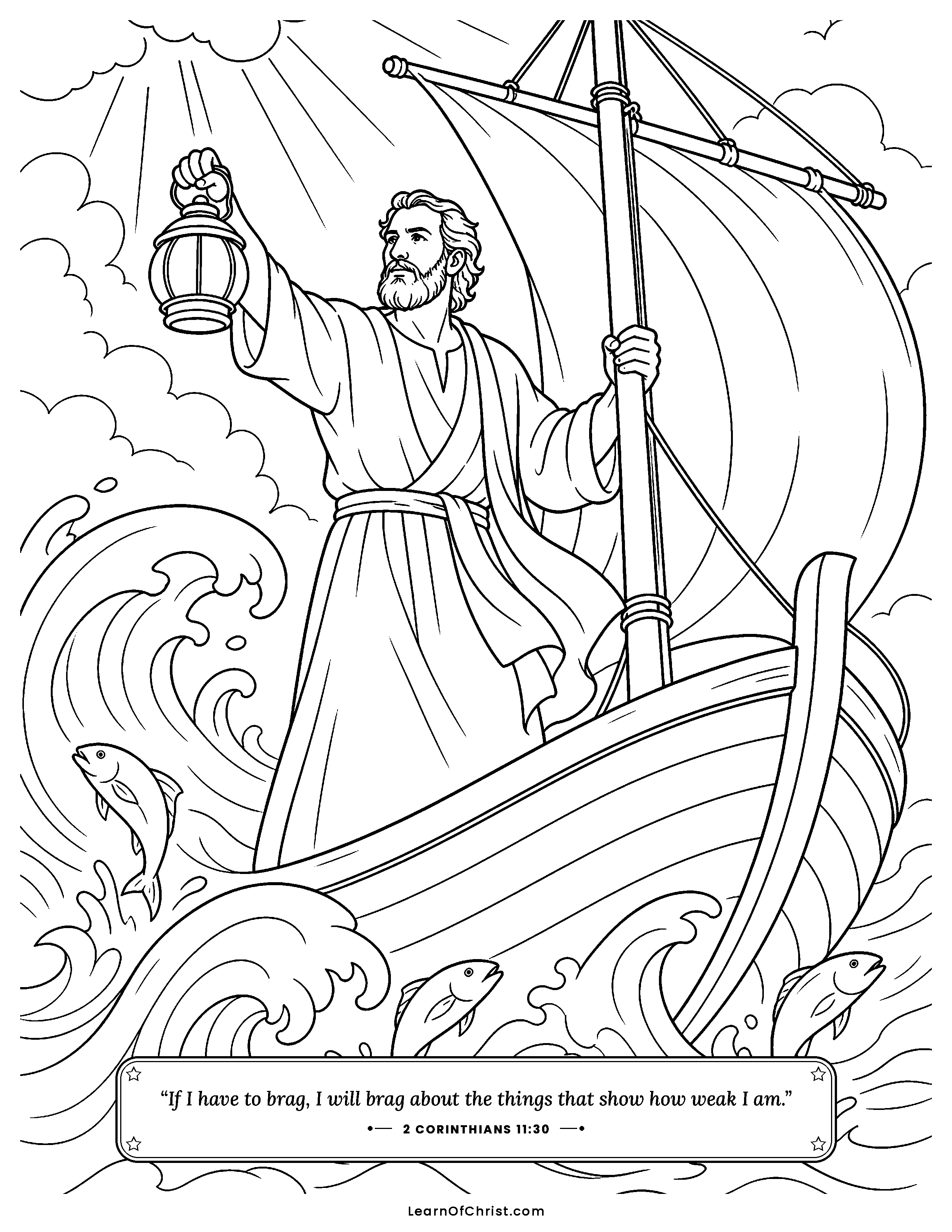 2 Corinthians 11 coloring page - Paul steady in a storm at sea. Free printable Bible coloring sheet for kids.
