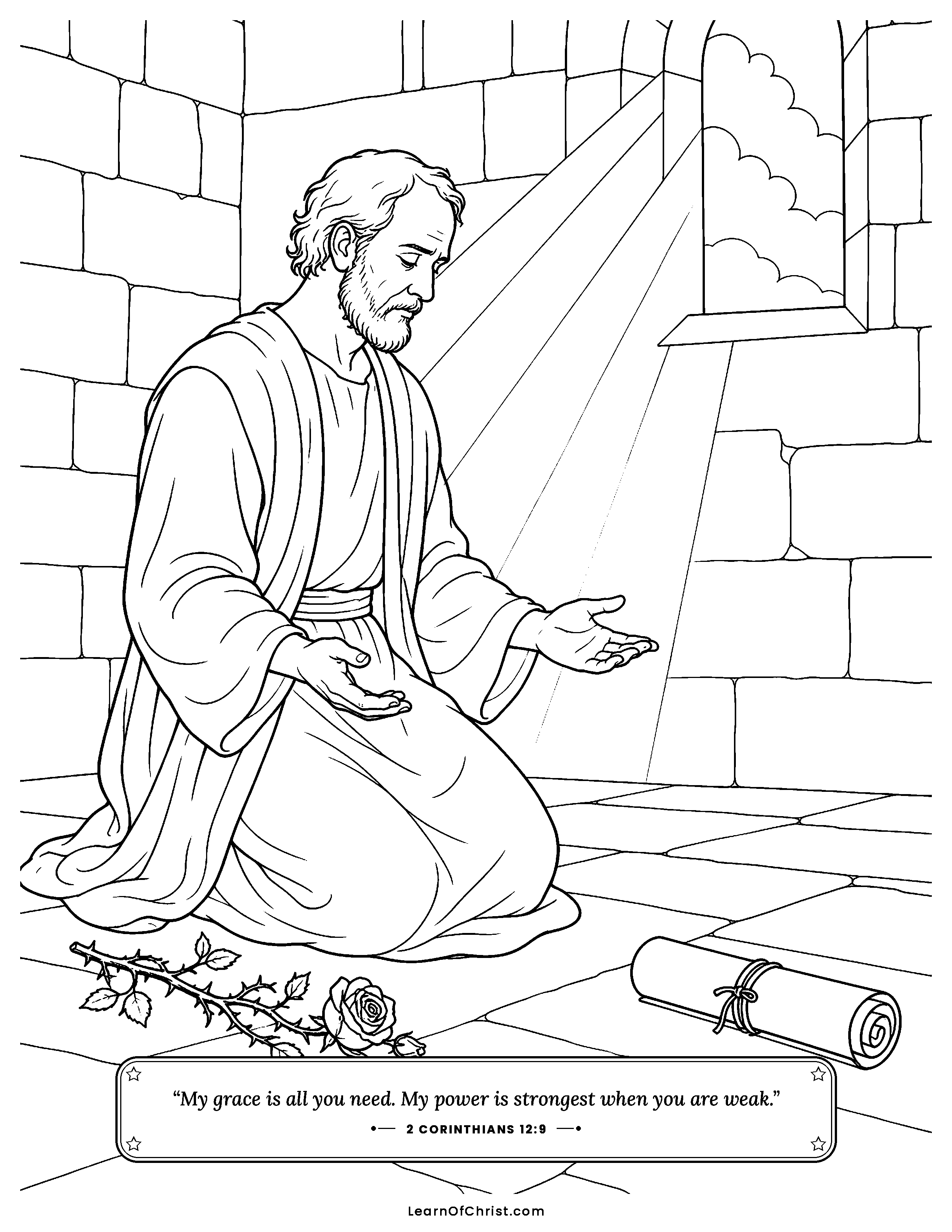2 Corinthians 12 coloring page - Praying with a thorn nearby. Free printable Bible coloring sheet for kids.