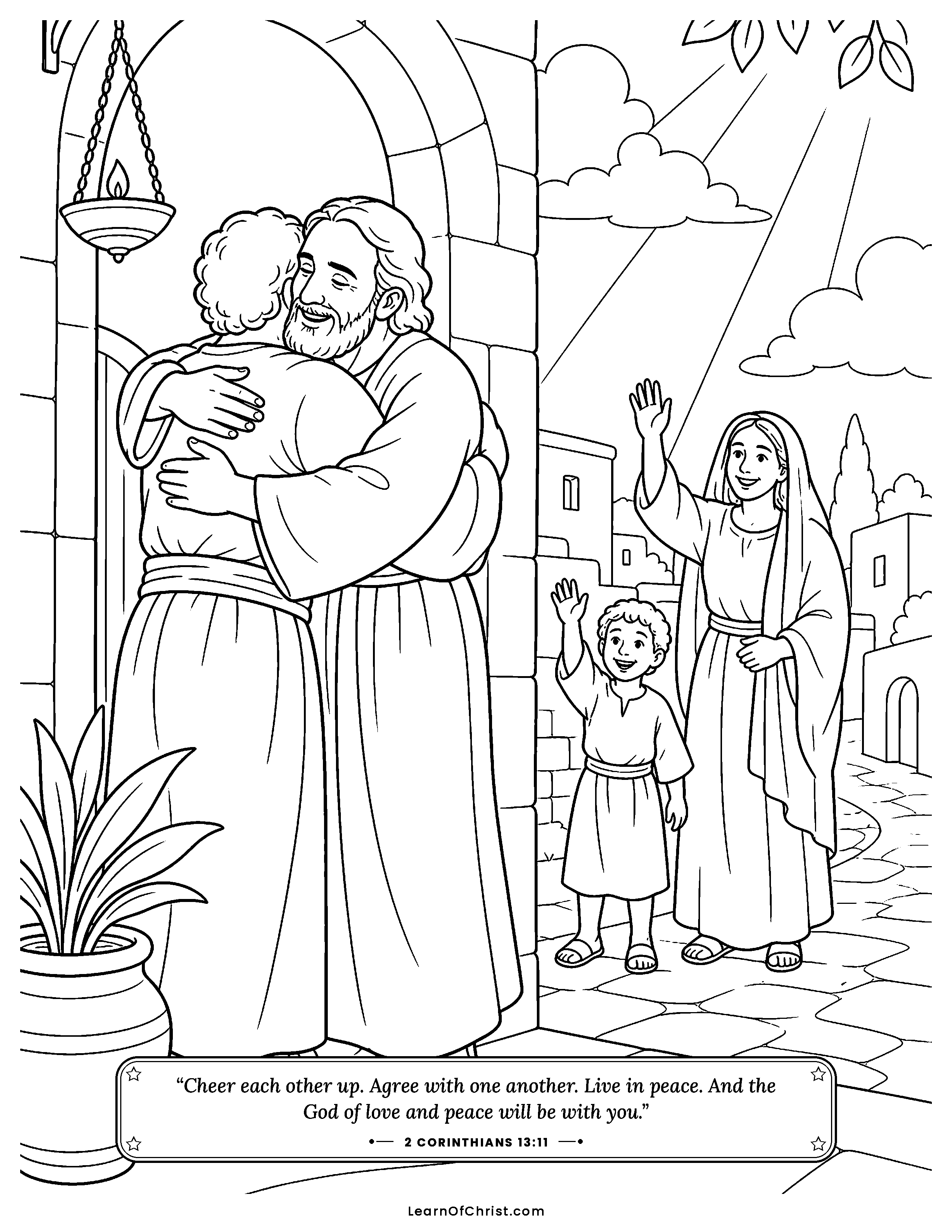2 Corinthians 13 coloring page - Friends saying a peaceful goodbye. Free printable Bible coloring sheet for kids.