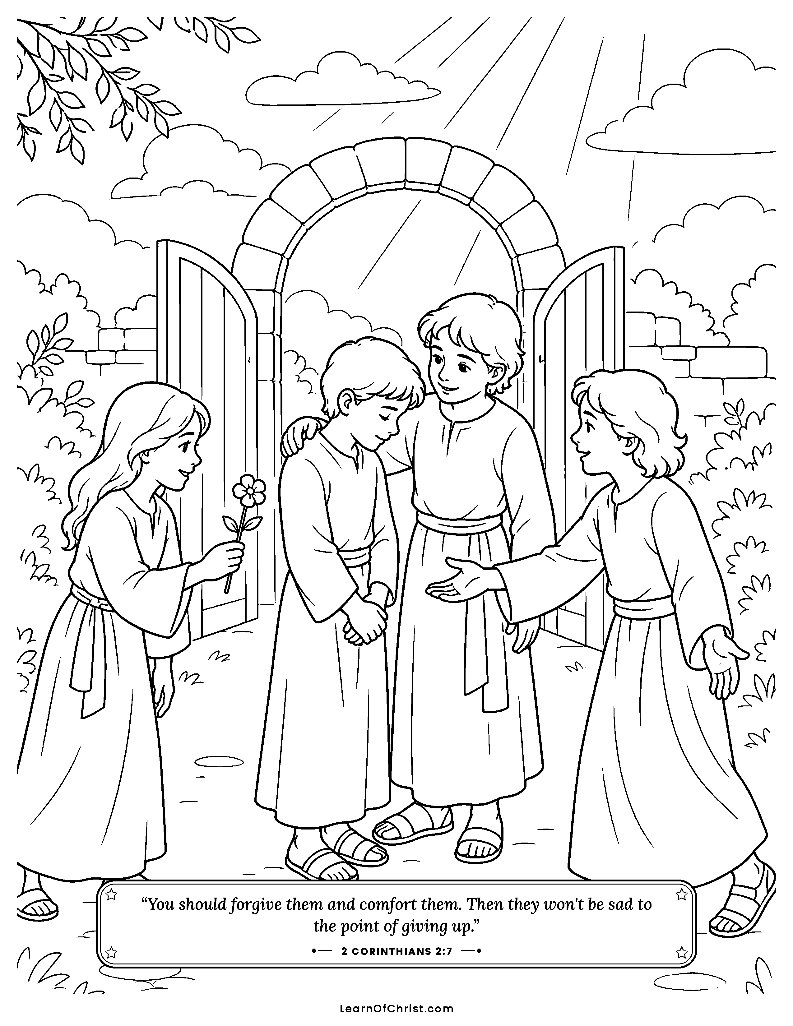 2 Corinthians 2 coloring page - Welcoming back a friend who is sorry. Free printable Bible coloring sheet for kids.