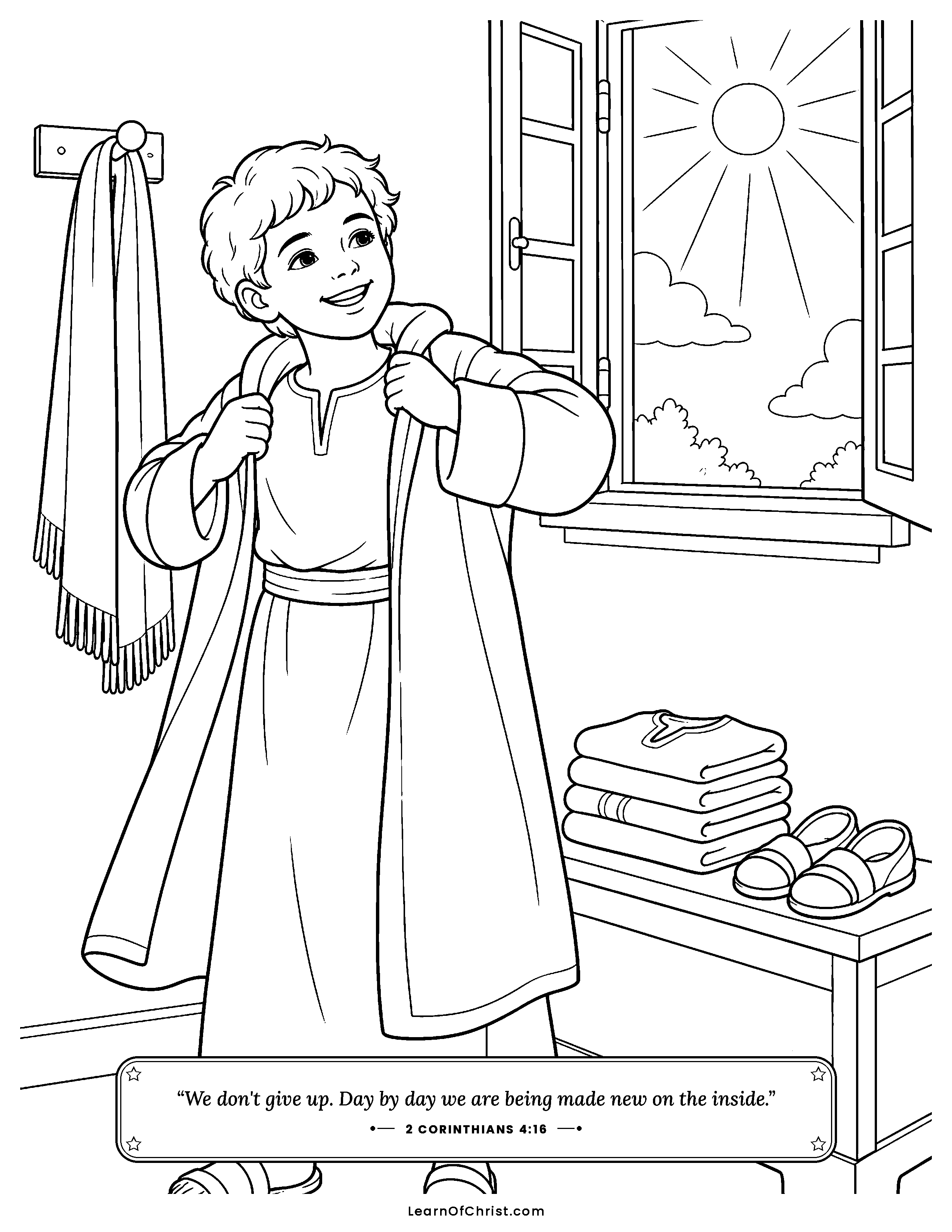 2 Corinthians 4 coloring page - Treasure shining inside plain clay jars. Free printable Bible coloring sheet for kids.