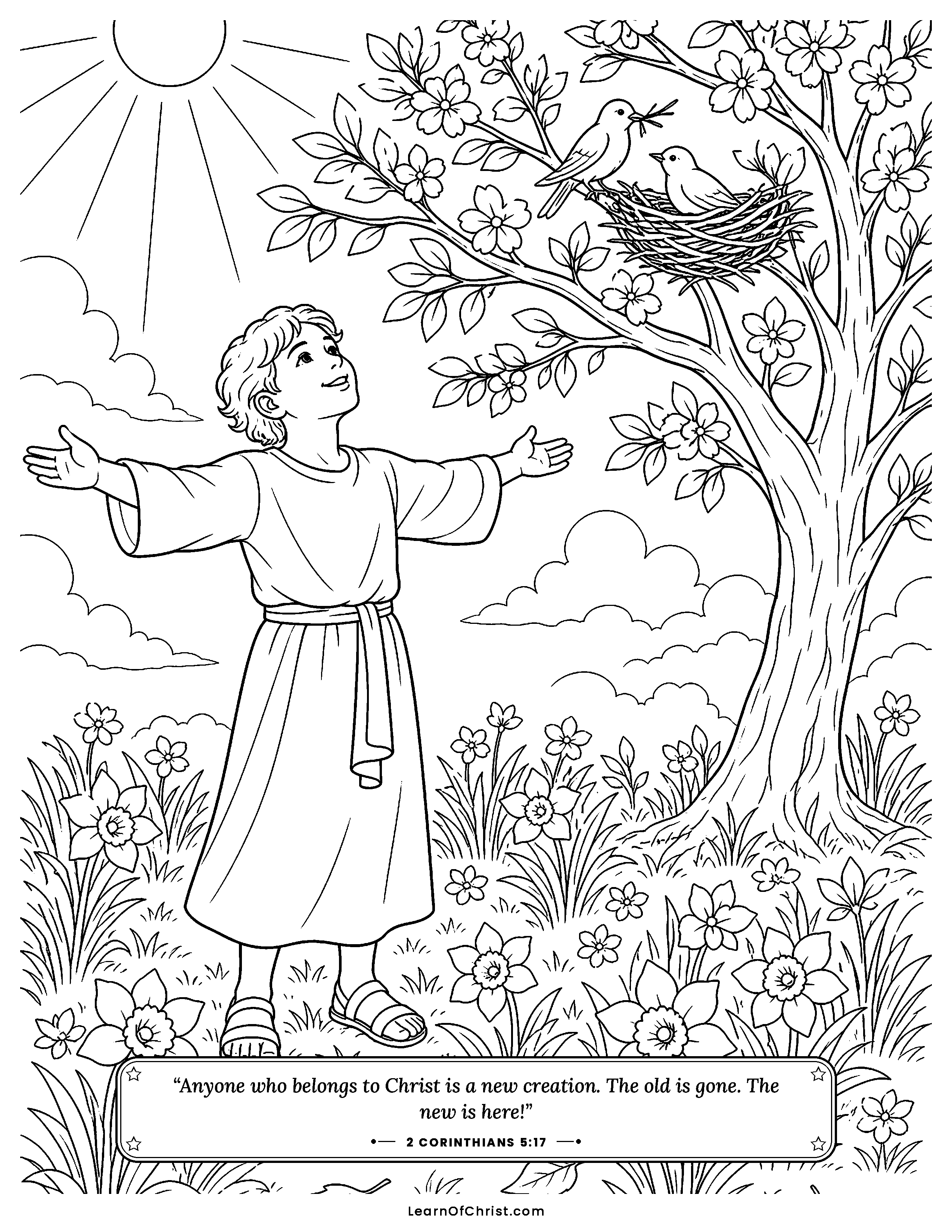 2 Corinthians 5 coloring page - Everything made new like springtime. Free printable Bible coloring sheet for kids.