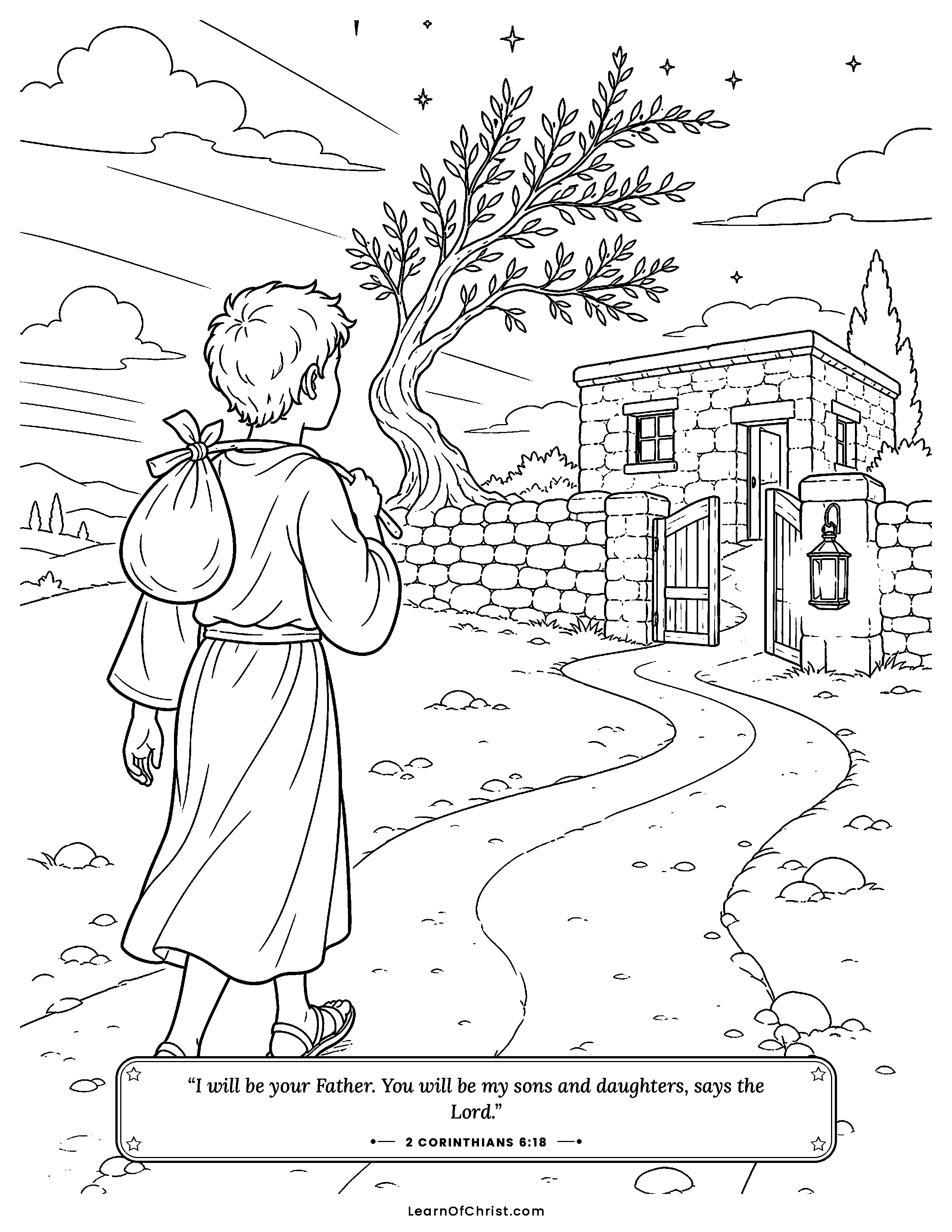 2 Corinthians 6 coloring page - A lantern lights the last mile home. Free printable Bible coloring sheet for kids.