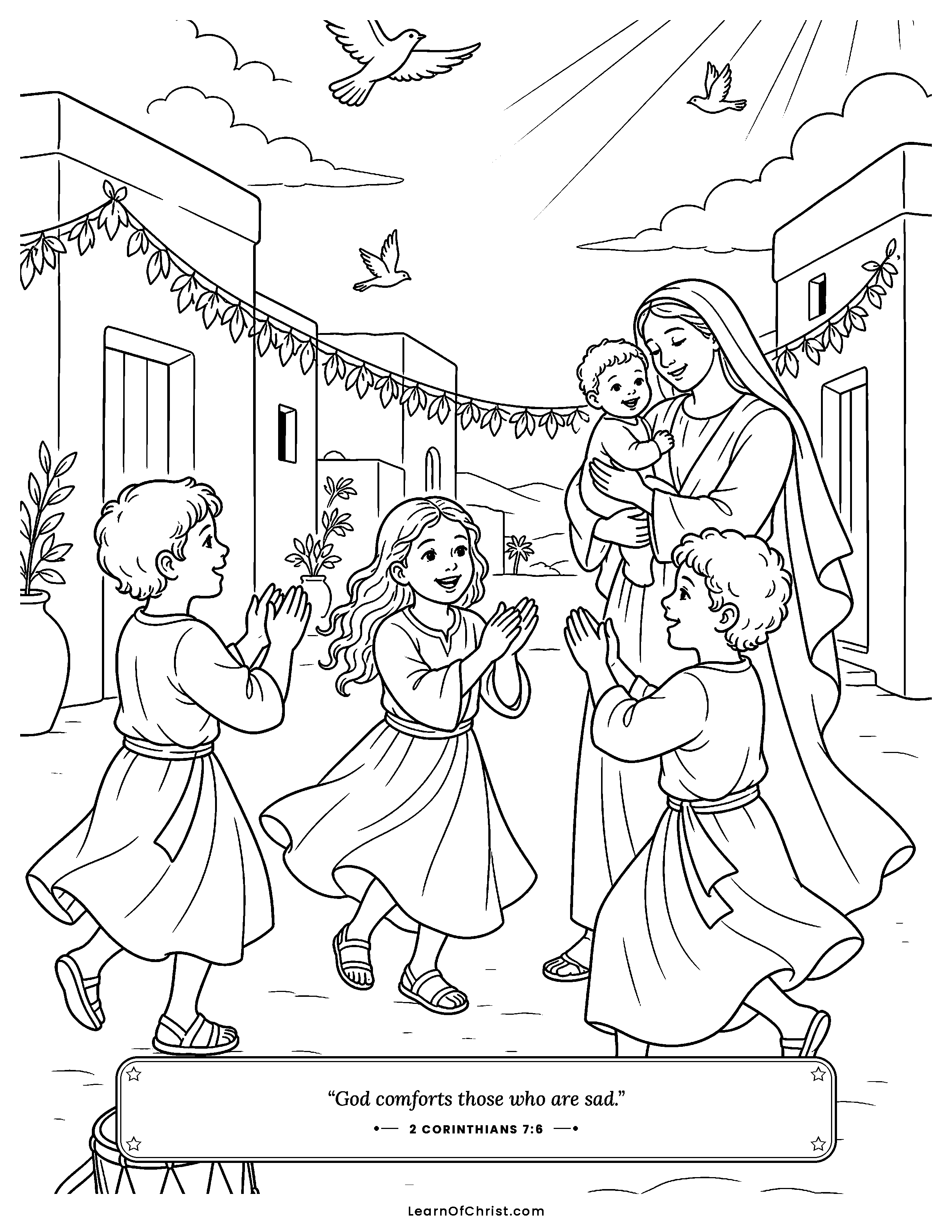 2 Corinthians 7 coloring page - Making room on the bench. Free printable Bible coloring sheet for kids.