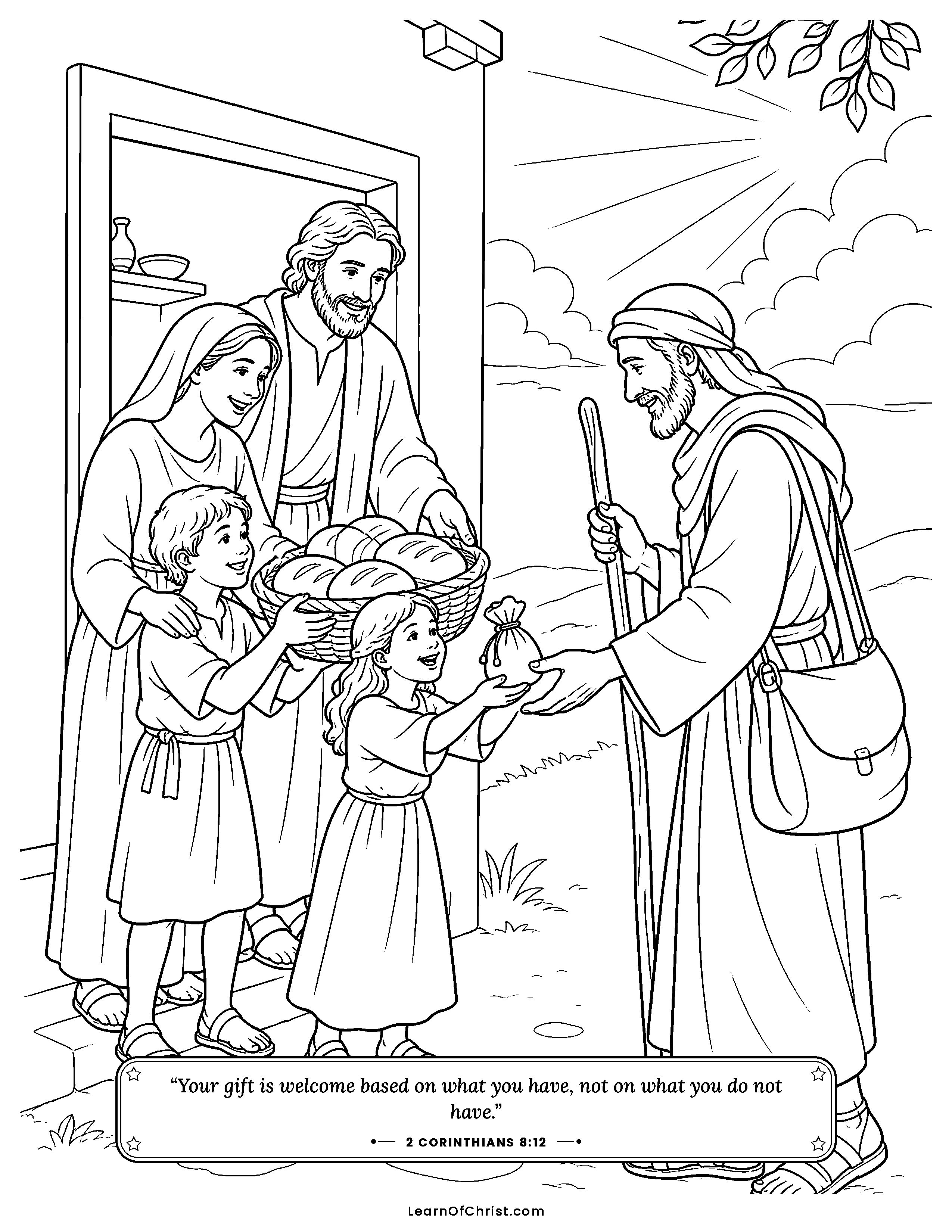 2 Corinthians 8 coloring page - A poor family gives with big smiles. Free printable Bible coloring sheet for kids.