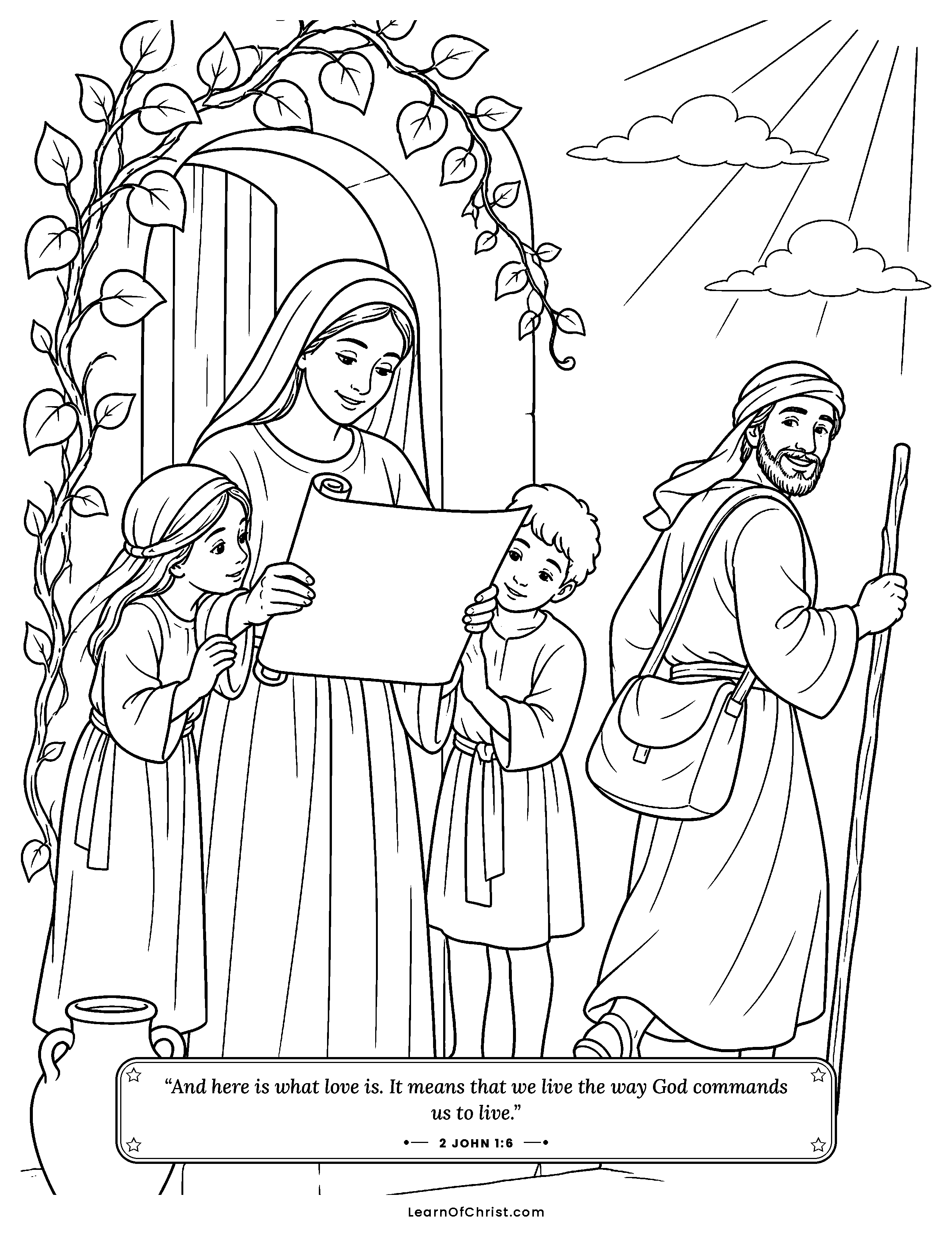 2 John 1 coloring page - A family reads a letter together. Free printable Bible coloring sheet for kids.