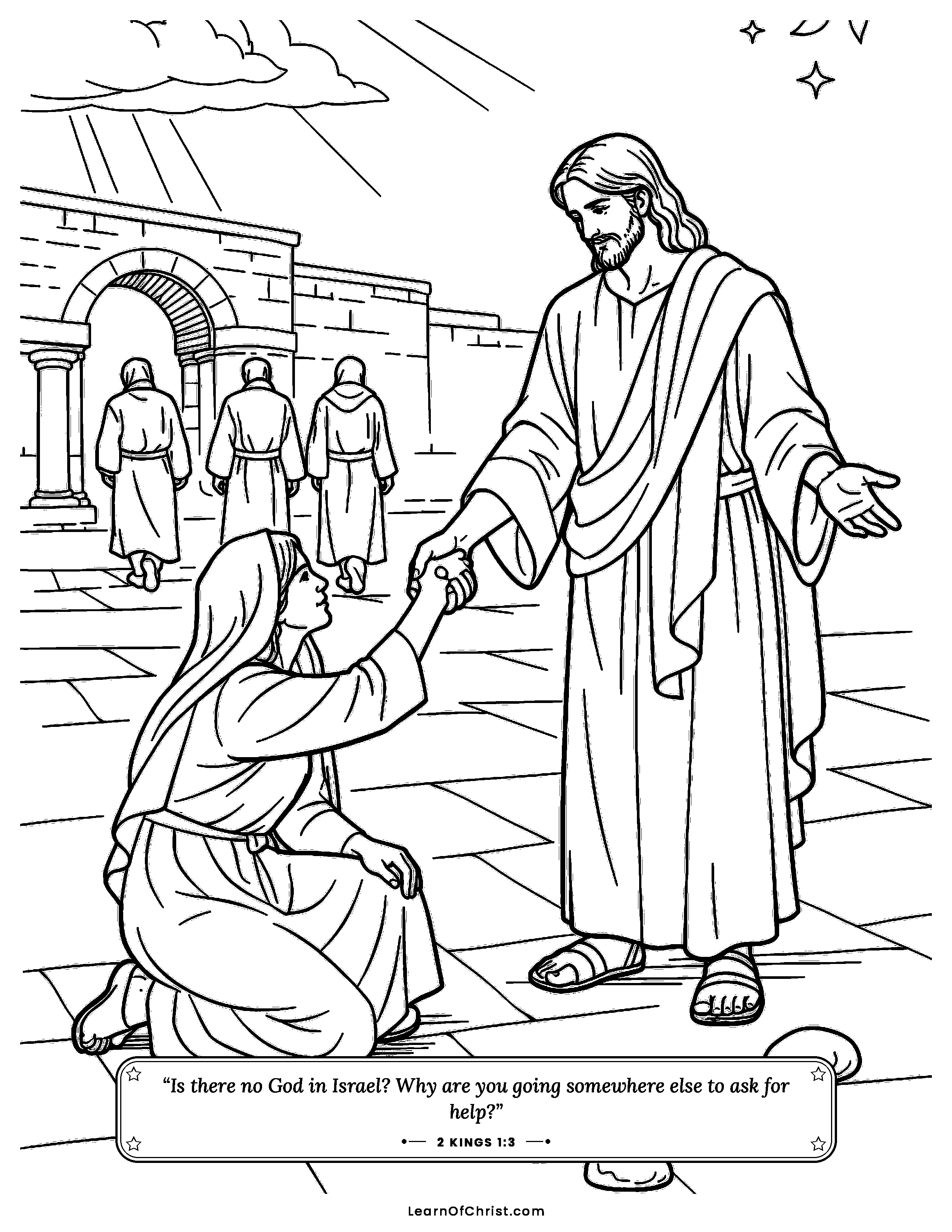 2 Kings 1 coloring page - Elijah stops the messengers on the road. Free printable Bible coloring sheet for kids.