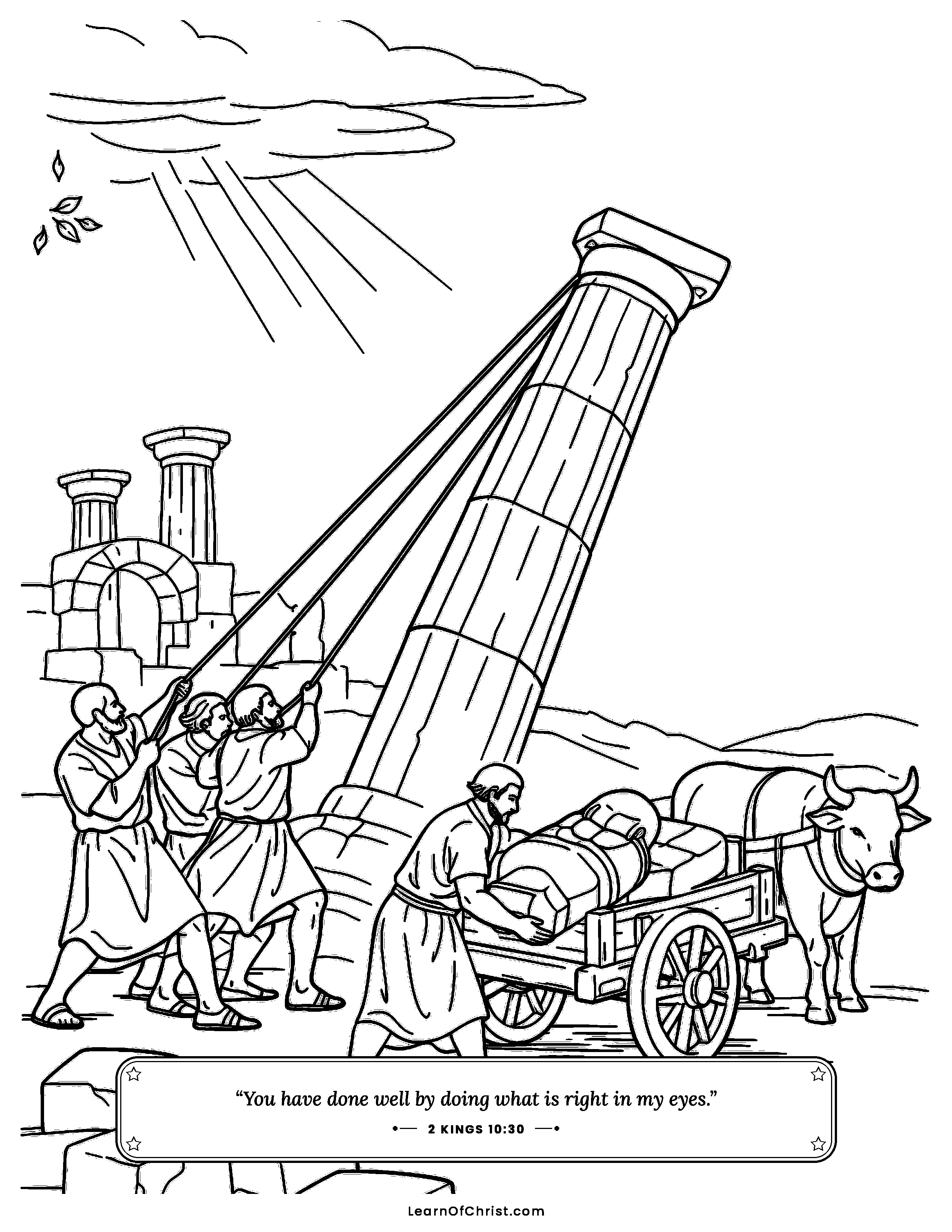 2 Kings 10 coloring page - The pretend god's temple is taken down. Free printable Bible coloring sheet for kids.