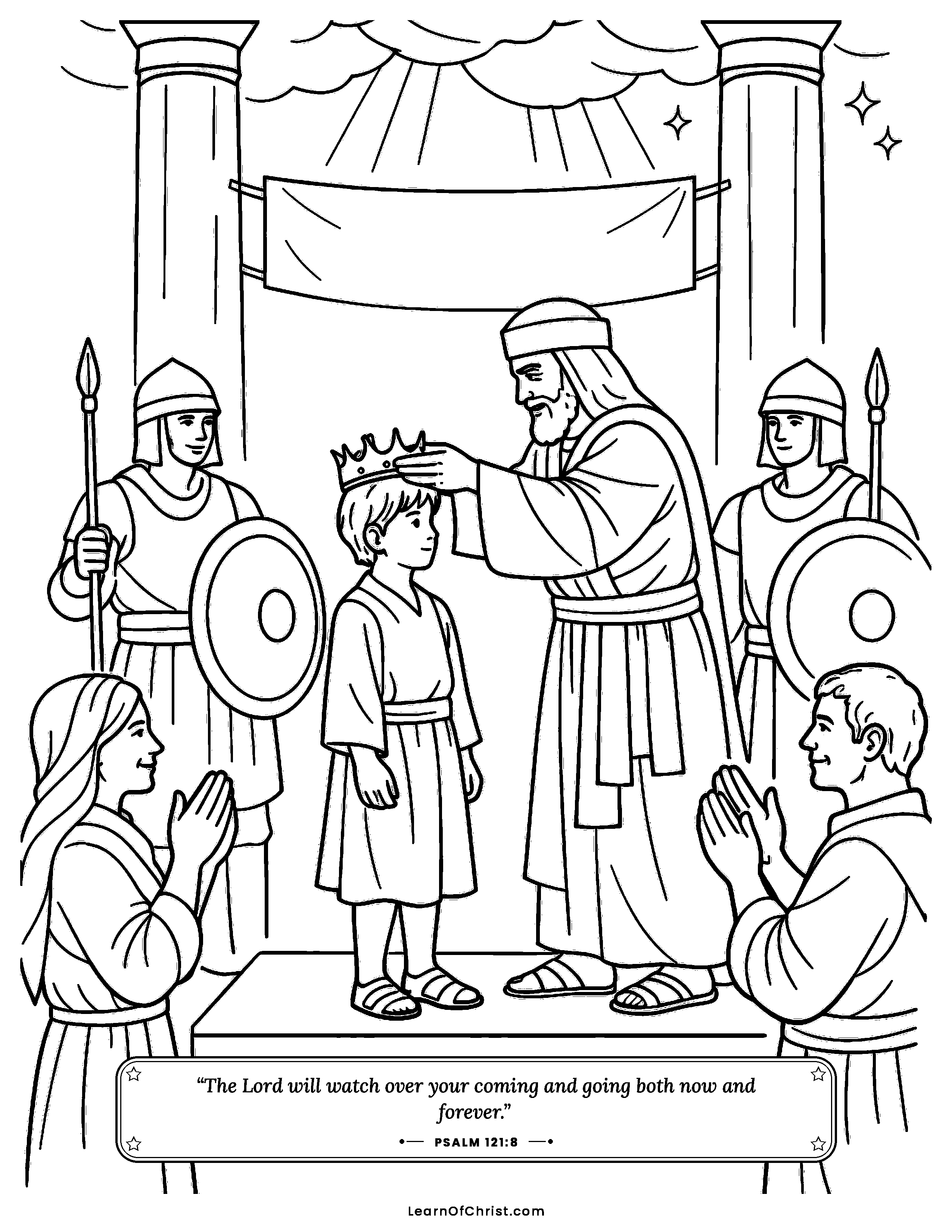 2 Kings 11 coloring page - Seven-year-old Joash is crowned king. Free printable Bible coloring sheet for kids.