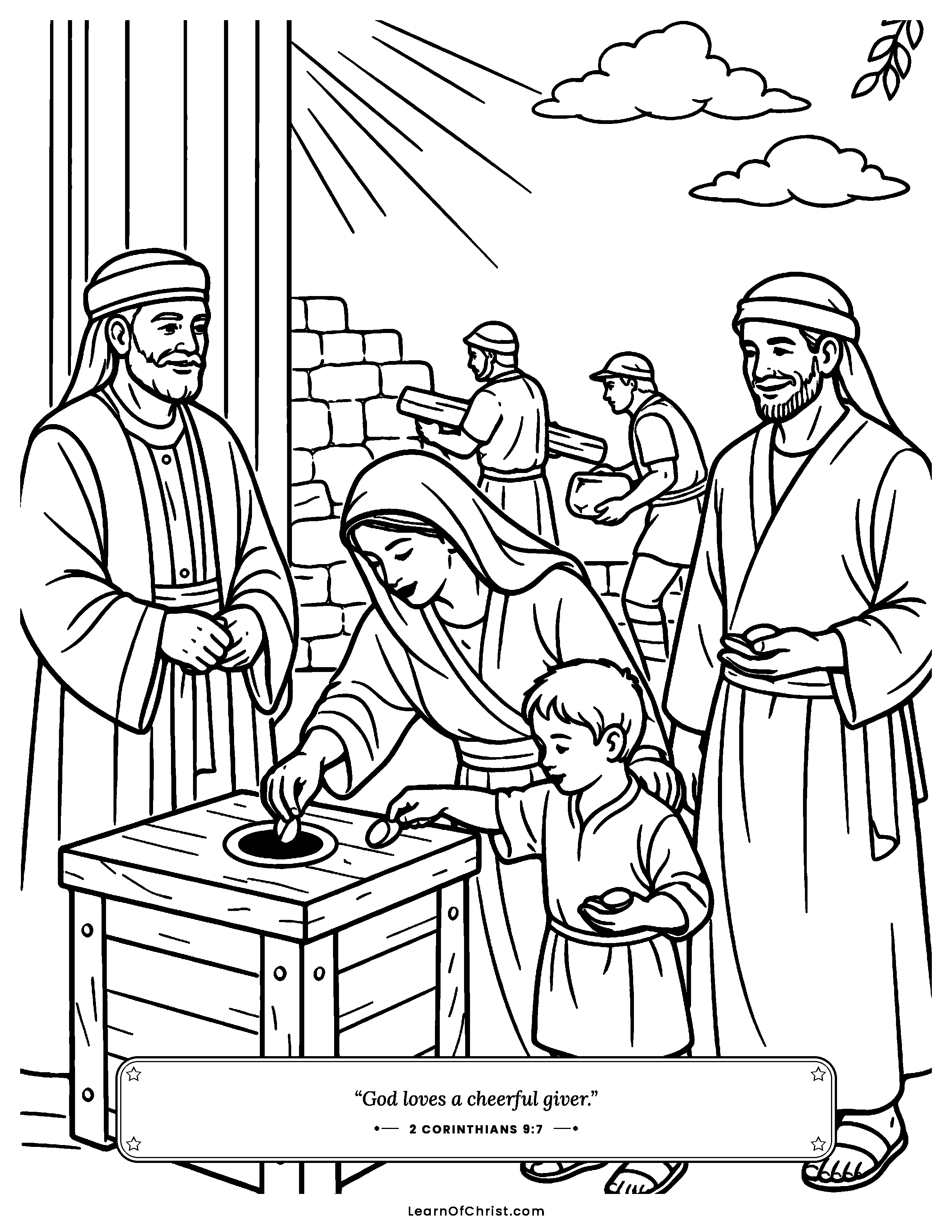 2 Kings 12 coloring page - A giving chest by the temple door. Free printable Bible coloring sheet for kids.