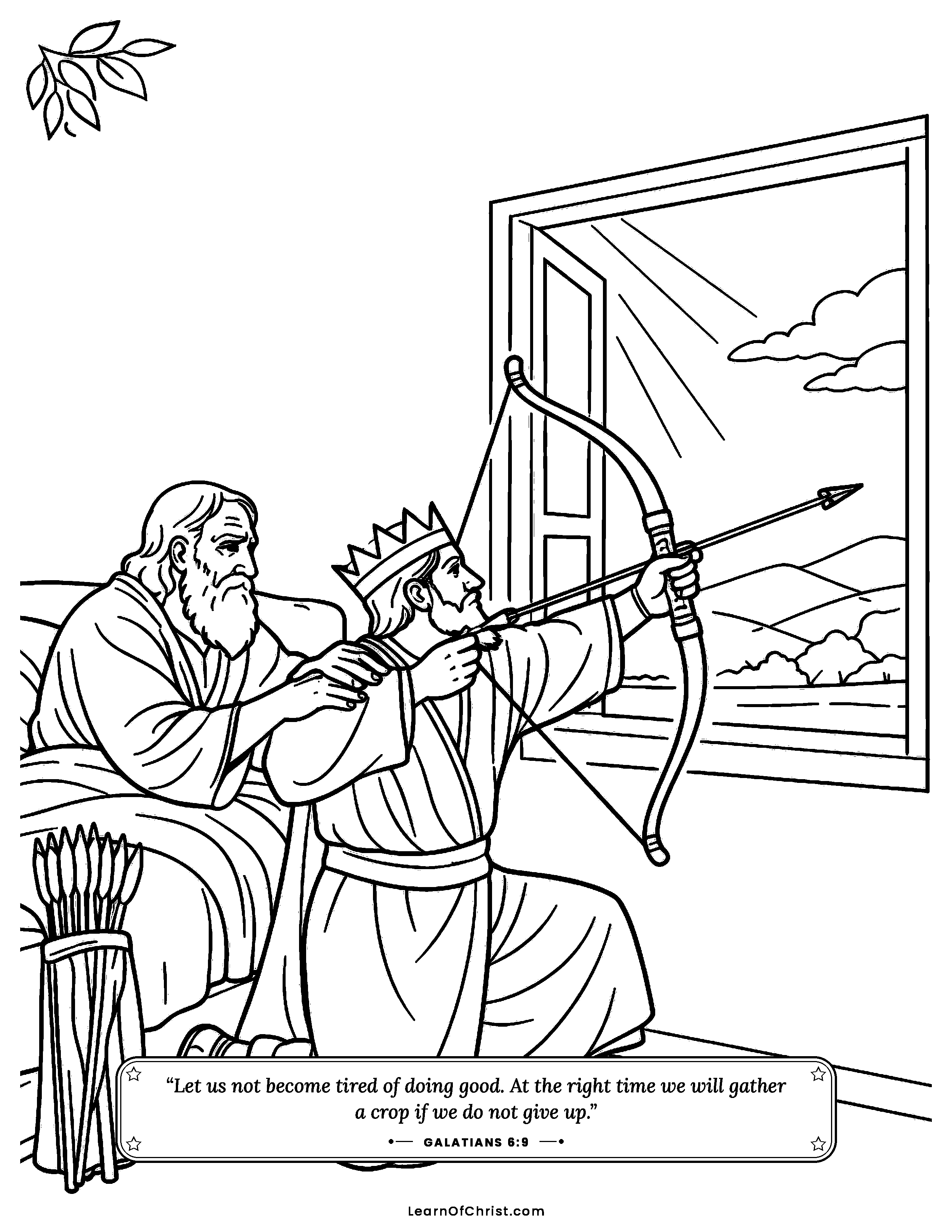 2 Kings 13 coloring page - Elisha helps the king shoot the arrow. Free printable Bible coloring sheet for kids.