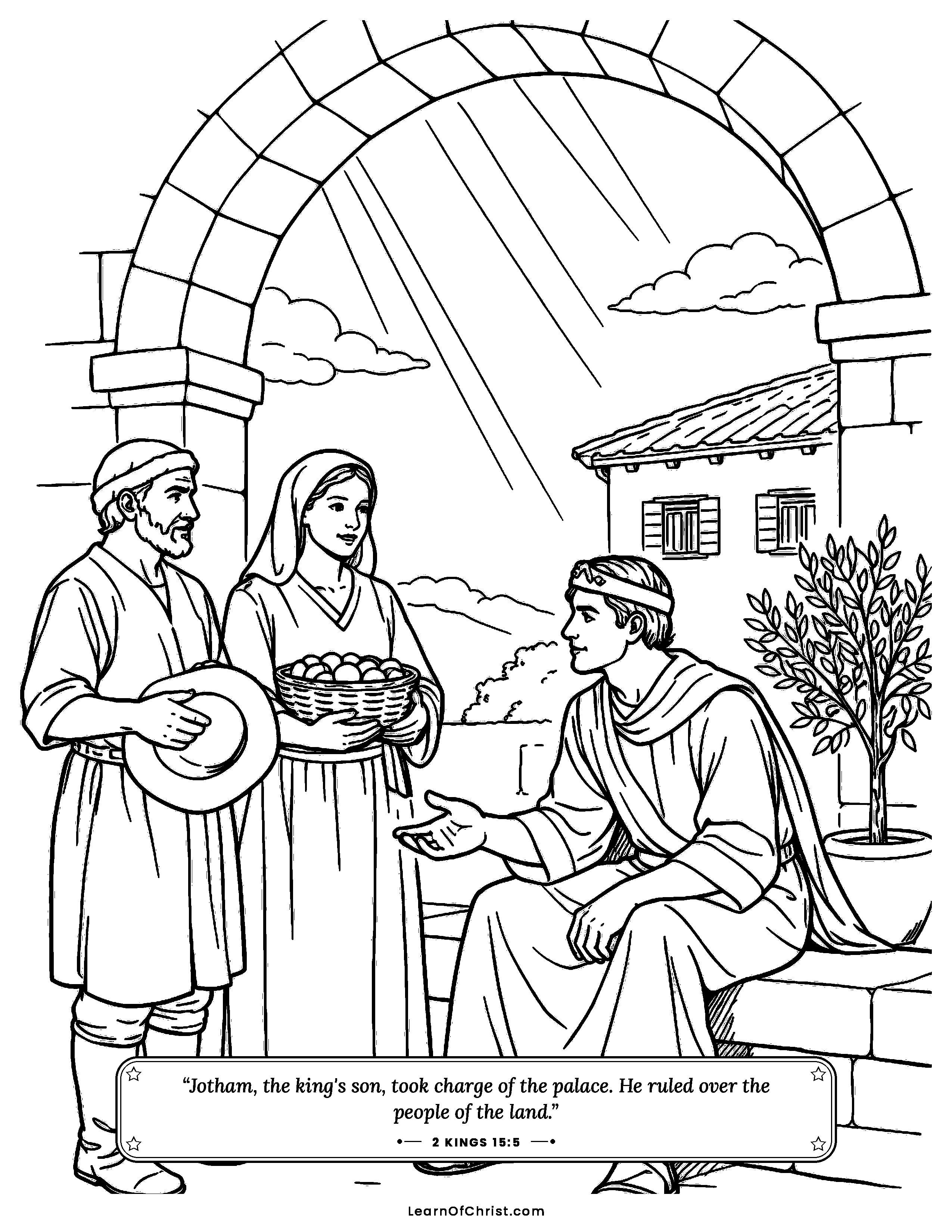 2 Kings 15 coloring page - Jotham listens at the palace gate. Free printable Bible coloring sheet for kids.