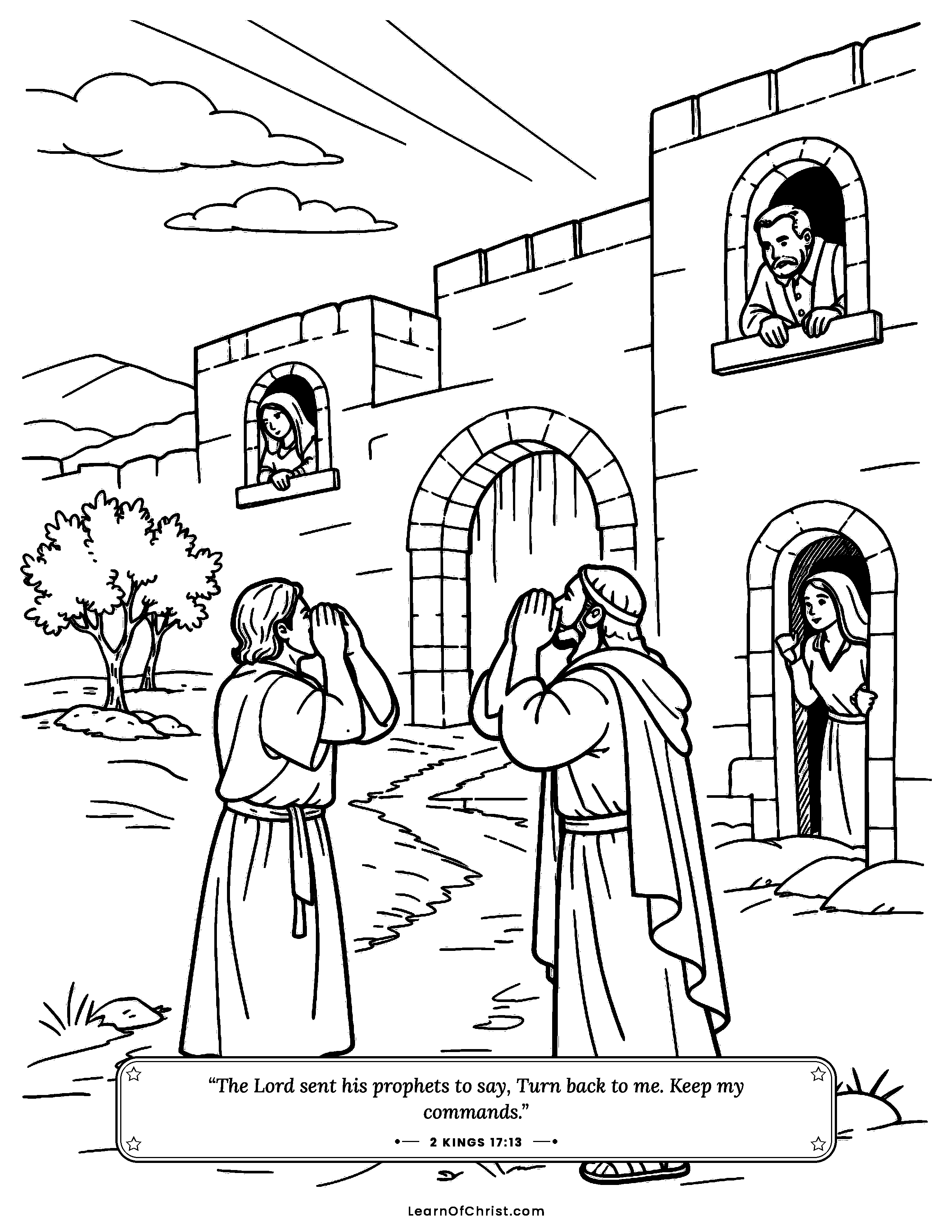 2 Kings 17 coloring page - God keeps sending messengers to call them. Free printable Bible coloring sheet for kids.