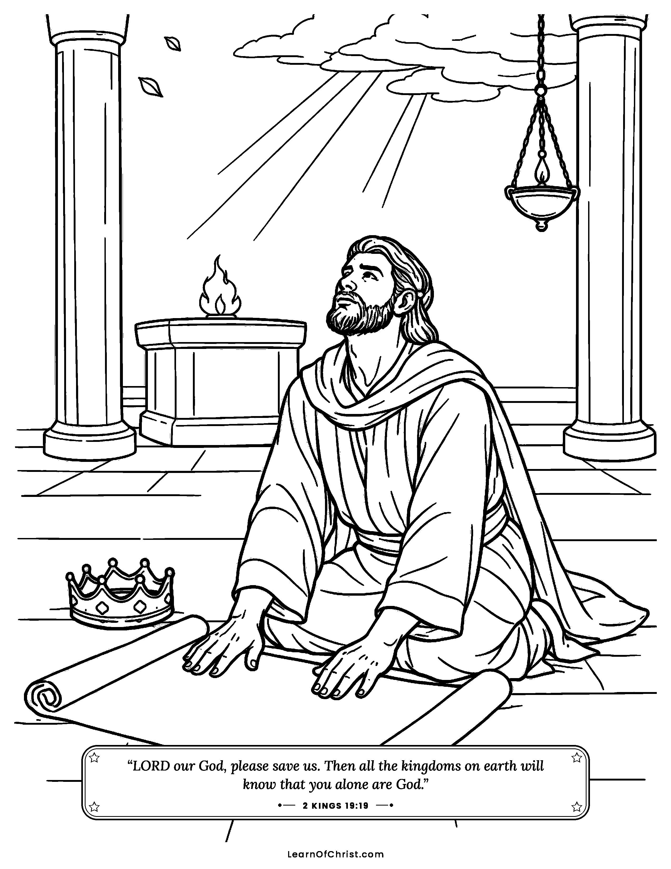 2 Kings 19 coloring page - Hezekiah spreads the letter out before God. Free printable Bible coloring sheet for kids.