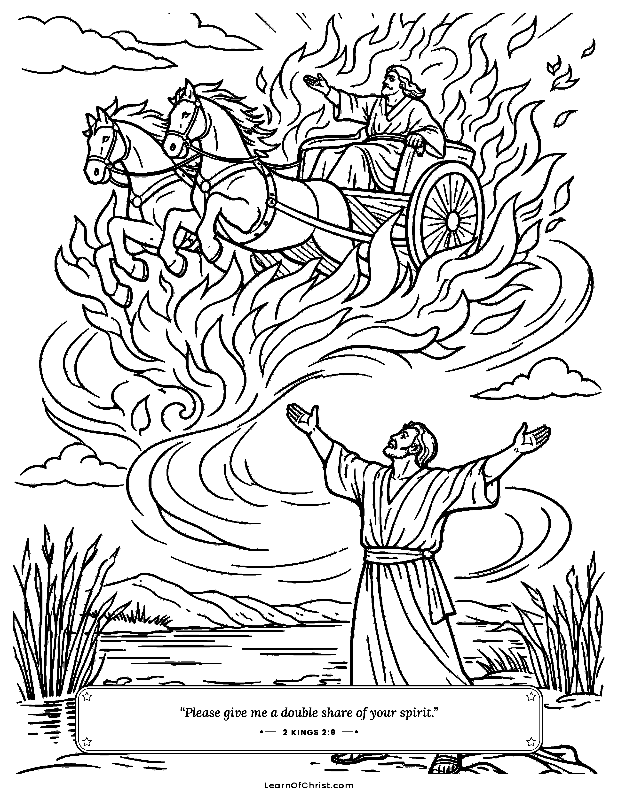 2 Kings 2 coloring page - Elijah goes up in a whirlwind of fire. Free printable Bible coloring sheet for kids.