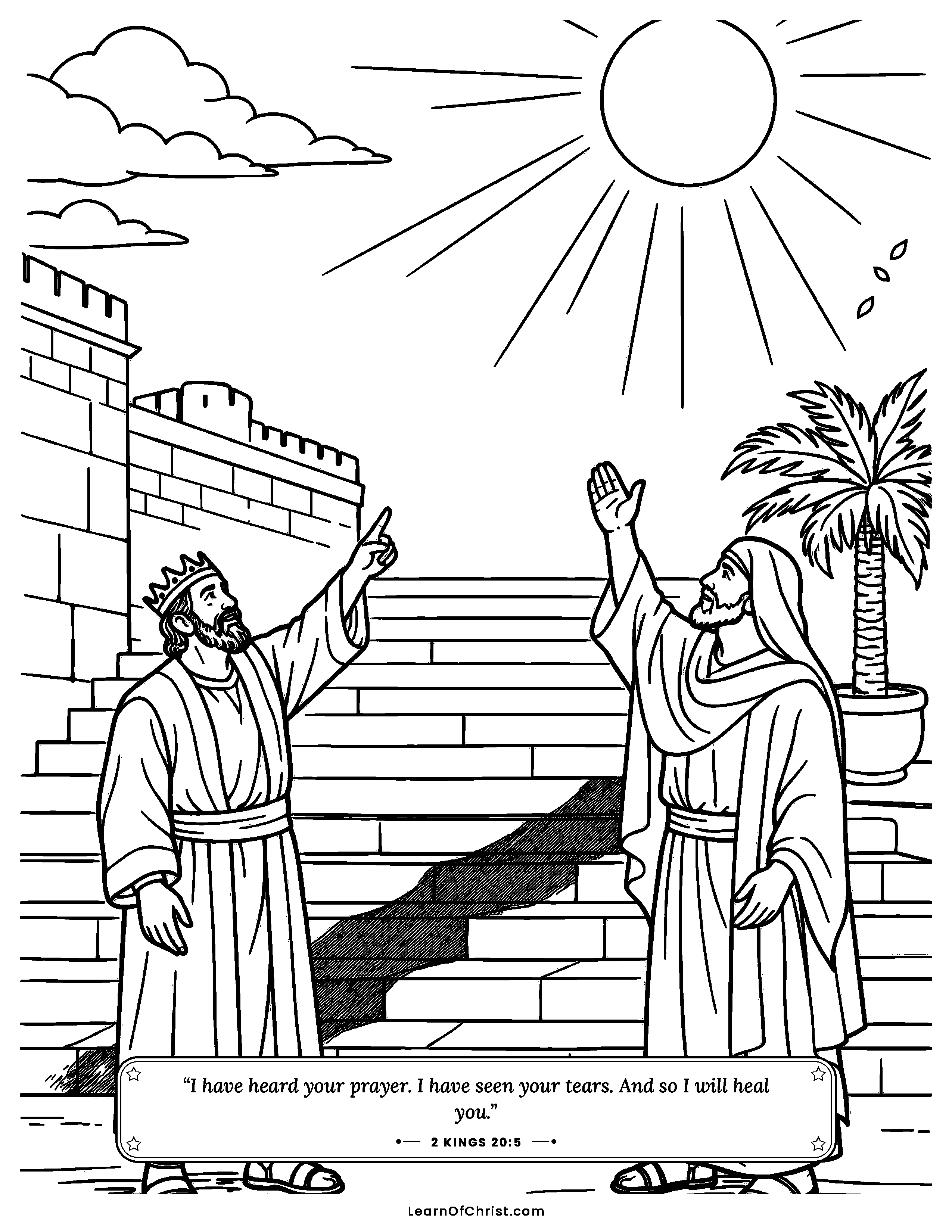 2 Kings 20 coloring page - The shadow moves back on the stairs. Free printable Bible coloring sheet for kids.
