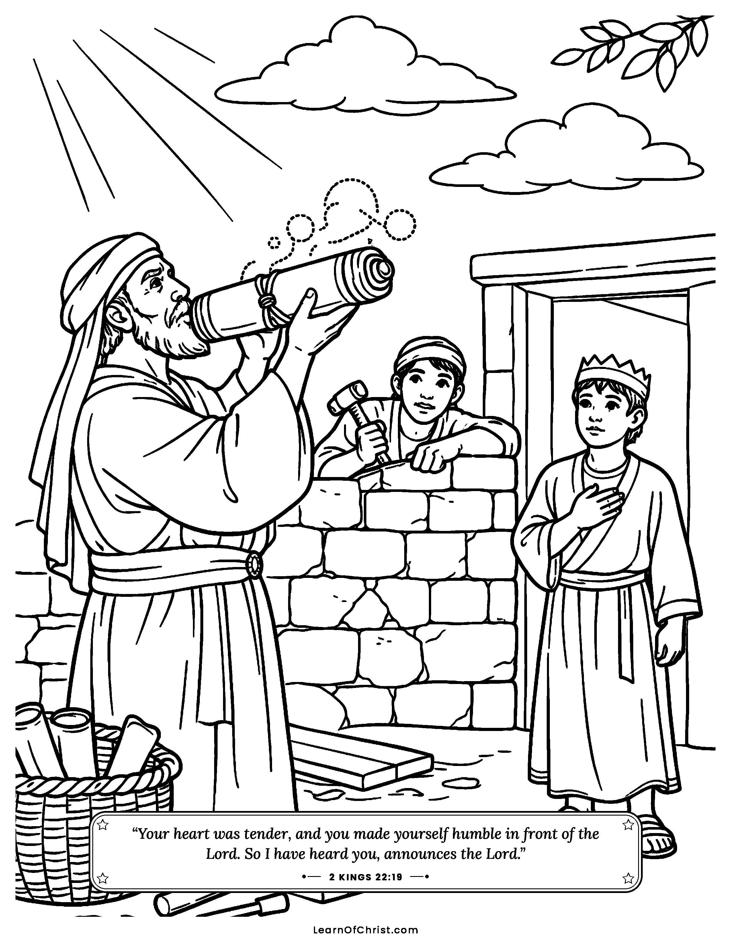 2 Kings 22 coloring page - A lost scroll is found in the temple. Free printable Bible coloring sheet for kids.
