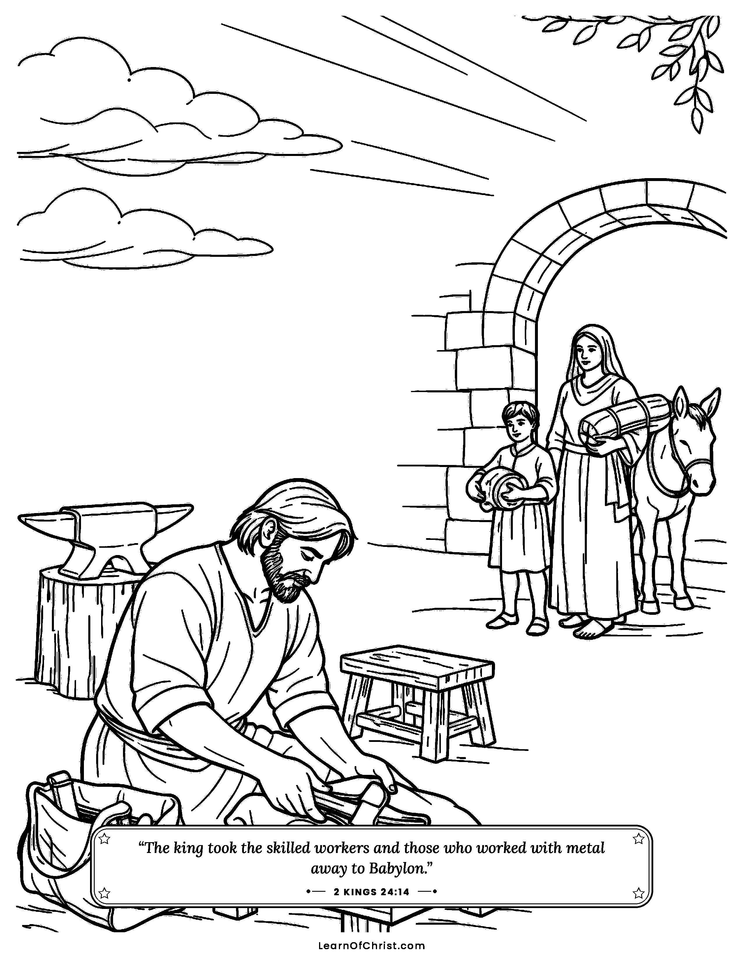 2 Kings 24 coloring page - The craftsmen pack their tools. Free printable Bible coloring sheet for kids.