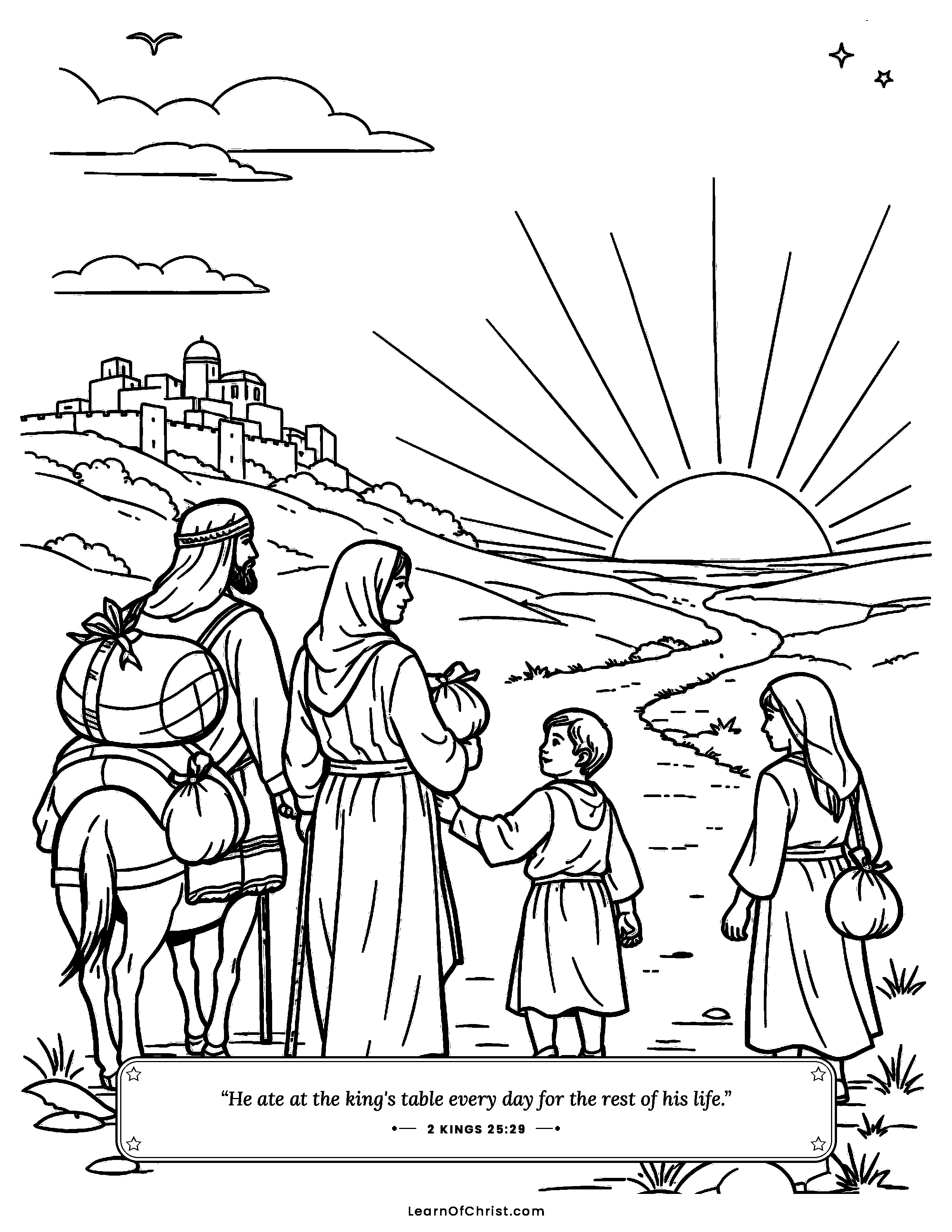 2 Kings 25 coloring page - Walking a long road with hope ahead. Free printable Bible coloring sheet for kids.