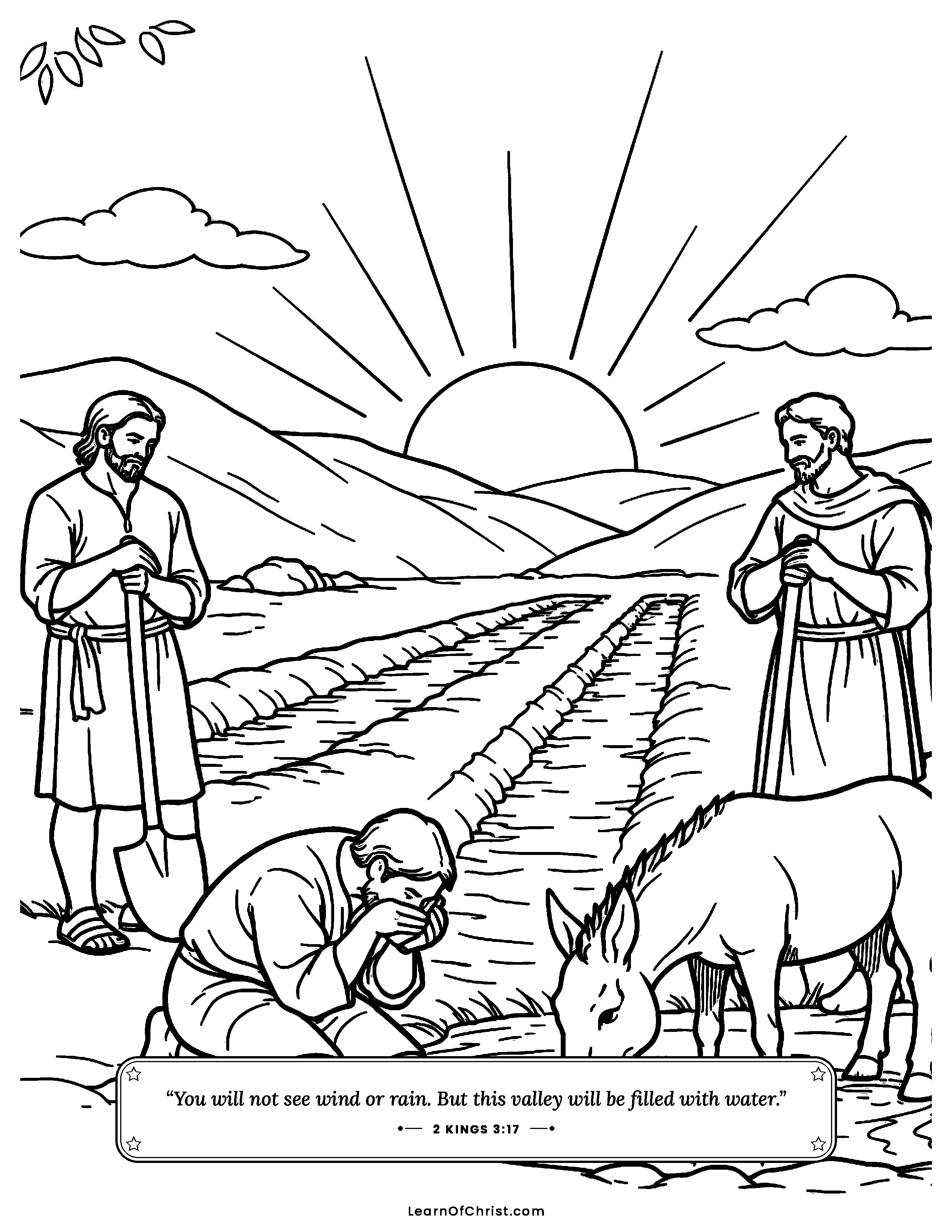 2 Kings 3 coloring page - Ditches in the desert fill with water. Free printable Bible coloring sheet for kids.