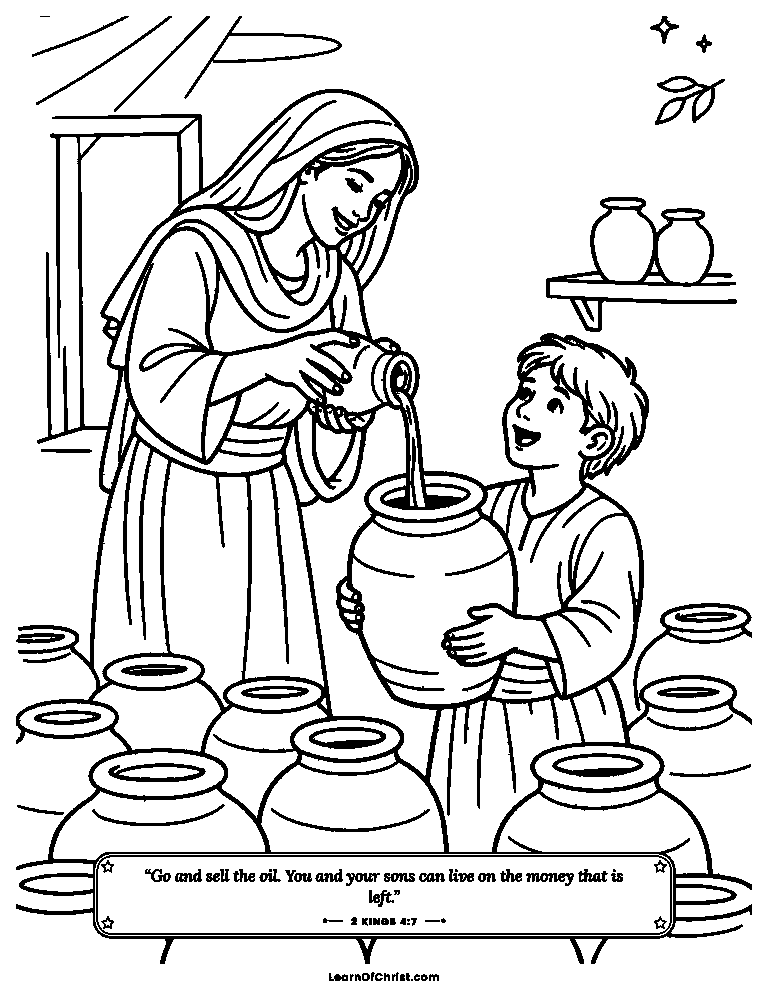 2 Kings 4 coloring page - One little jar of oil fills them all