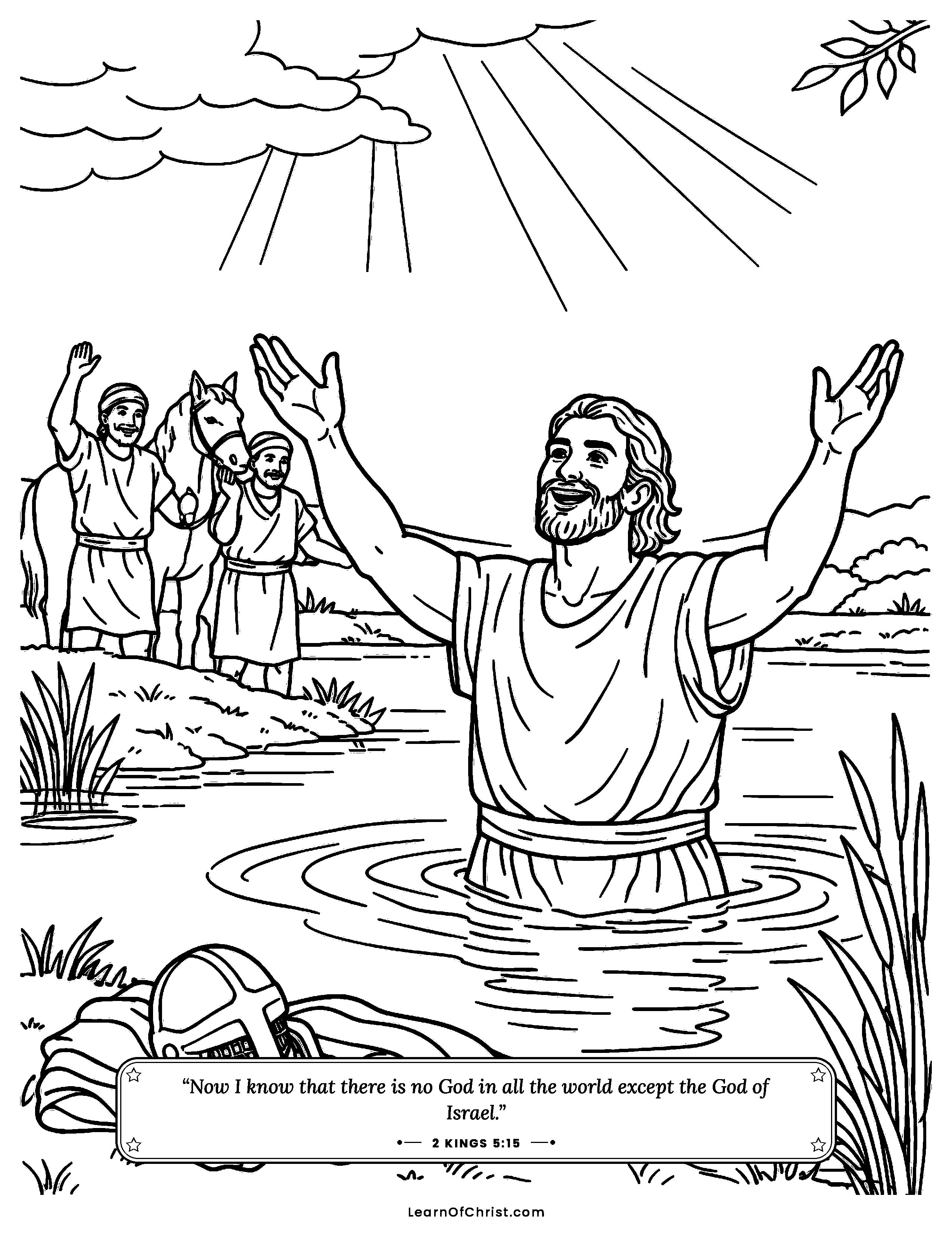 2 Kings 5 coloring page - Naaman washes in the Jordan River. Free printable Bible coloring sheet for kids.