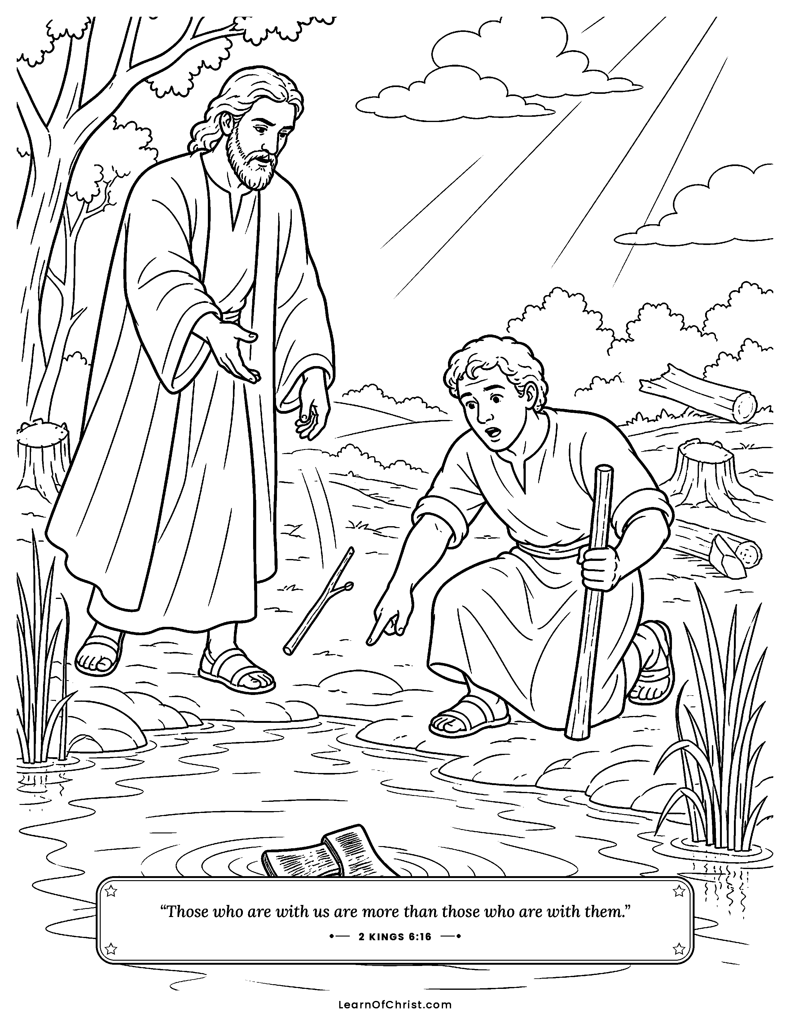 2 Kings 6 coloring page - The axe head floats up out of the water. Free printable Bible coloring sheet for kids.