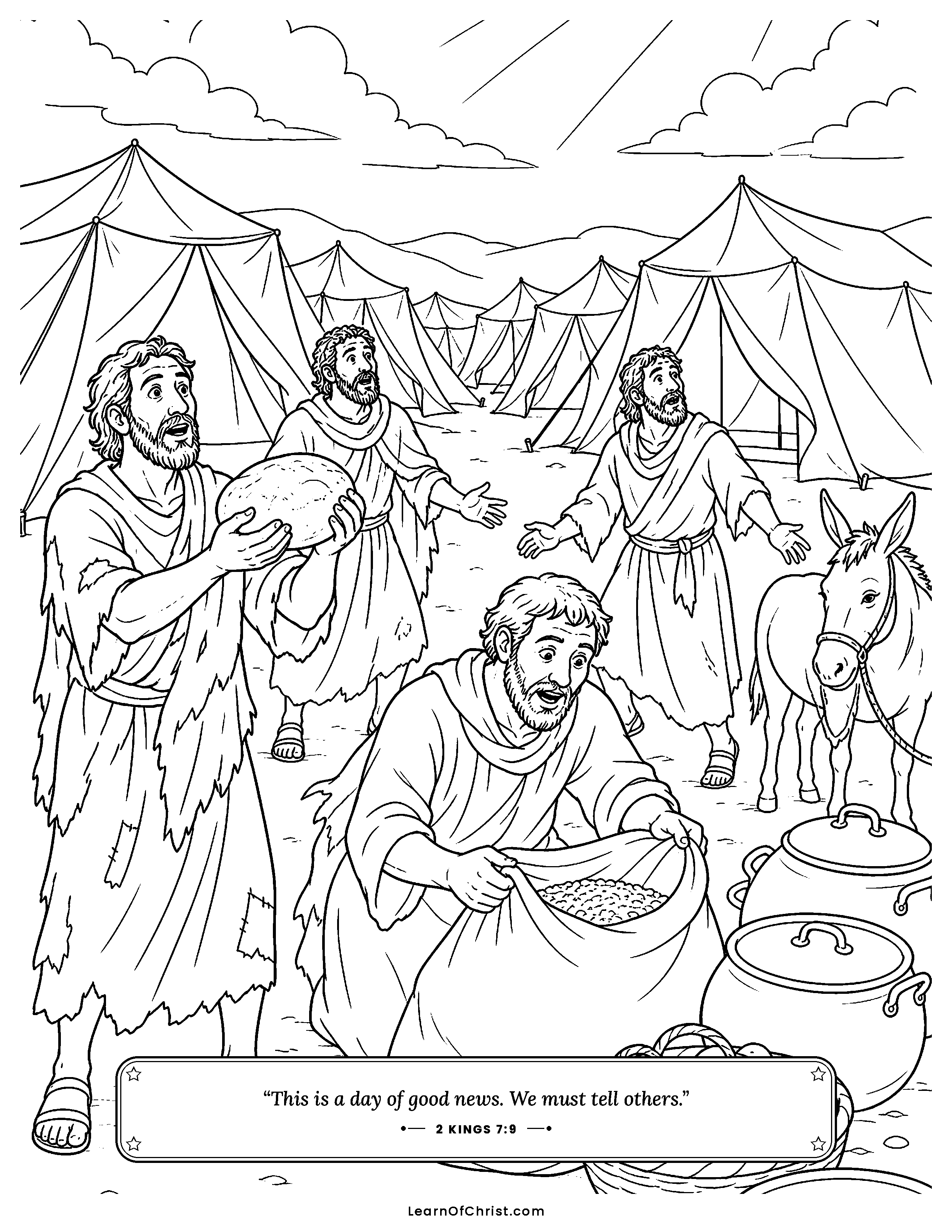 2 Kings 7 coloring page - Four men find the camp full of food. Free printable Bible coloring sheet for kids.