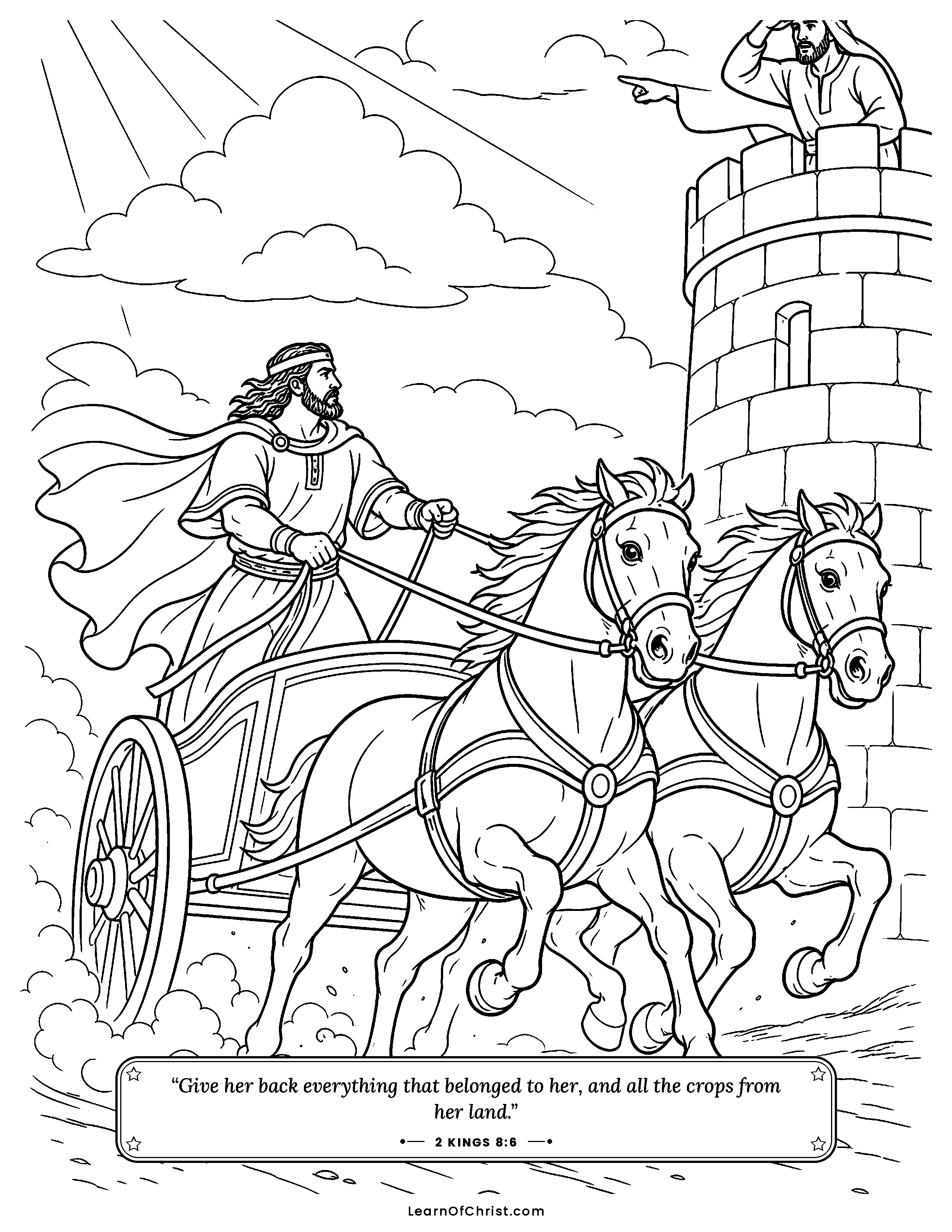 2 Kings 8 coloring page - A woman arrives at just the right moment. Free printable Bible coloring sheet for kids.