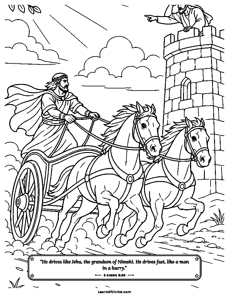 2 Kings 9 coloring page - Jehu drives his chariot like a mission