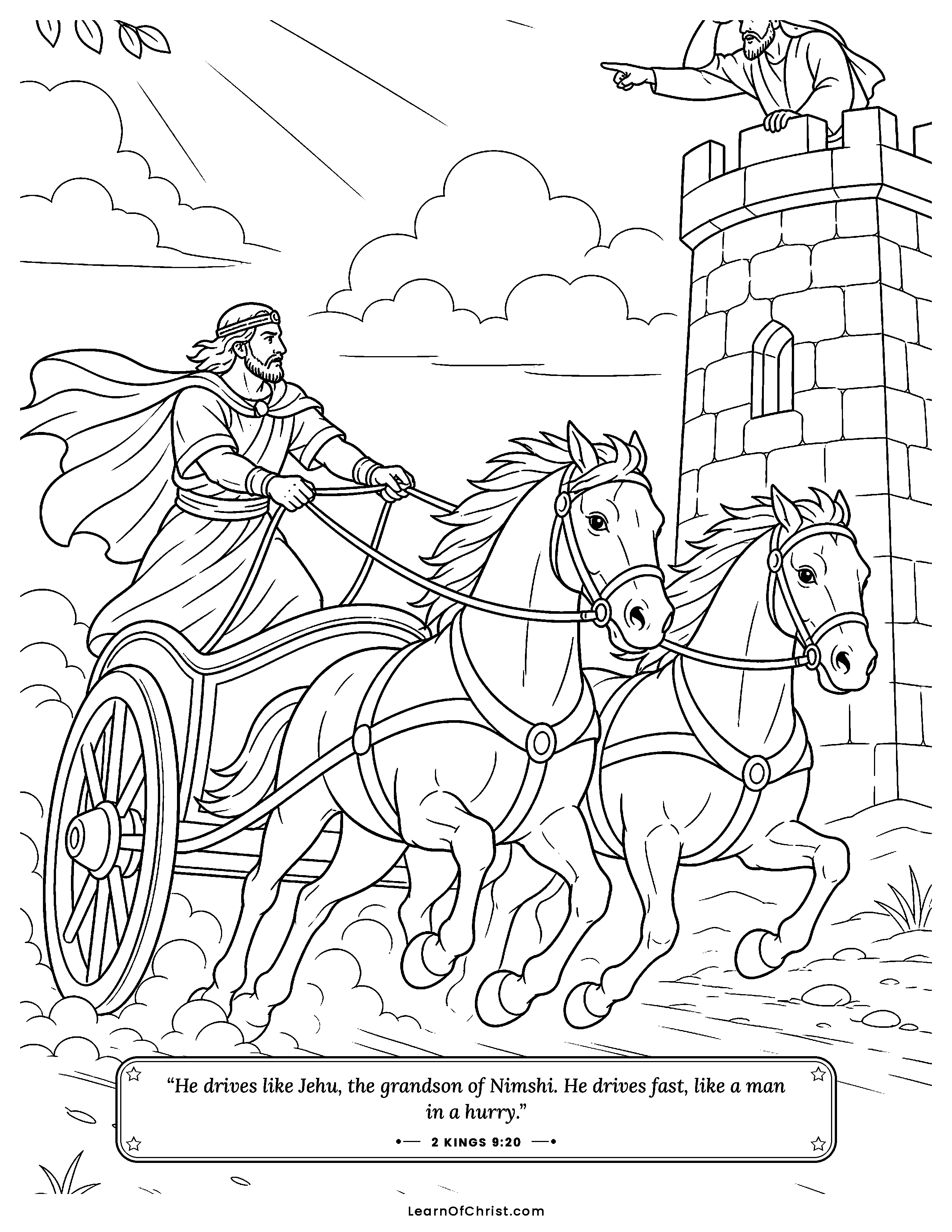 2 Kings 9 coloring page - Jehu drives his chariot like a mission. Free printable Bible coloring sheet for kids.
