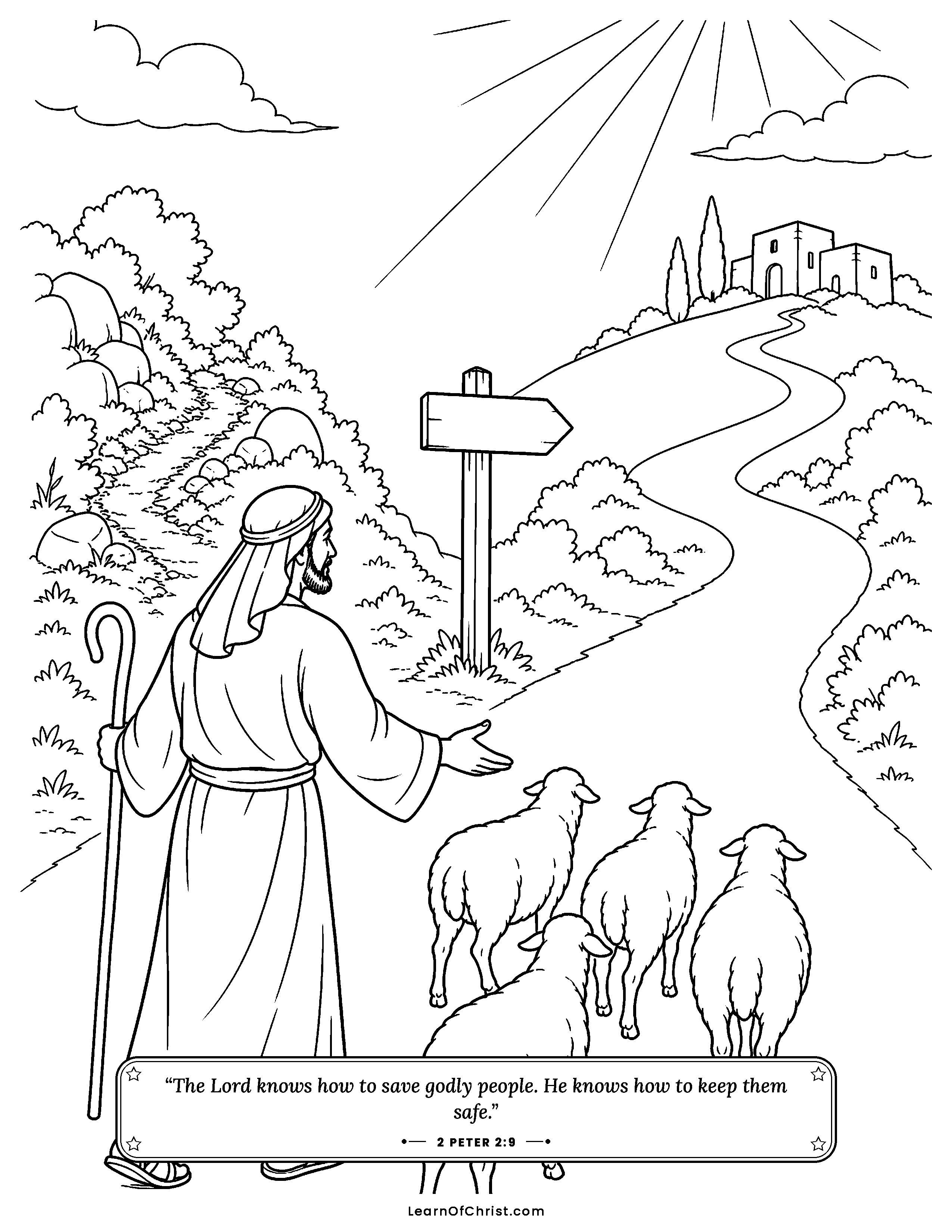 2 Peter 2 coloring page - A shepherd guides the flock home. Free printable Bible coloring sheet for kids.