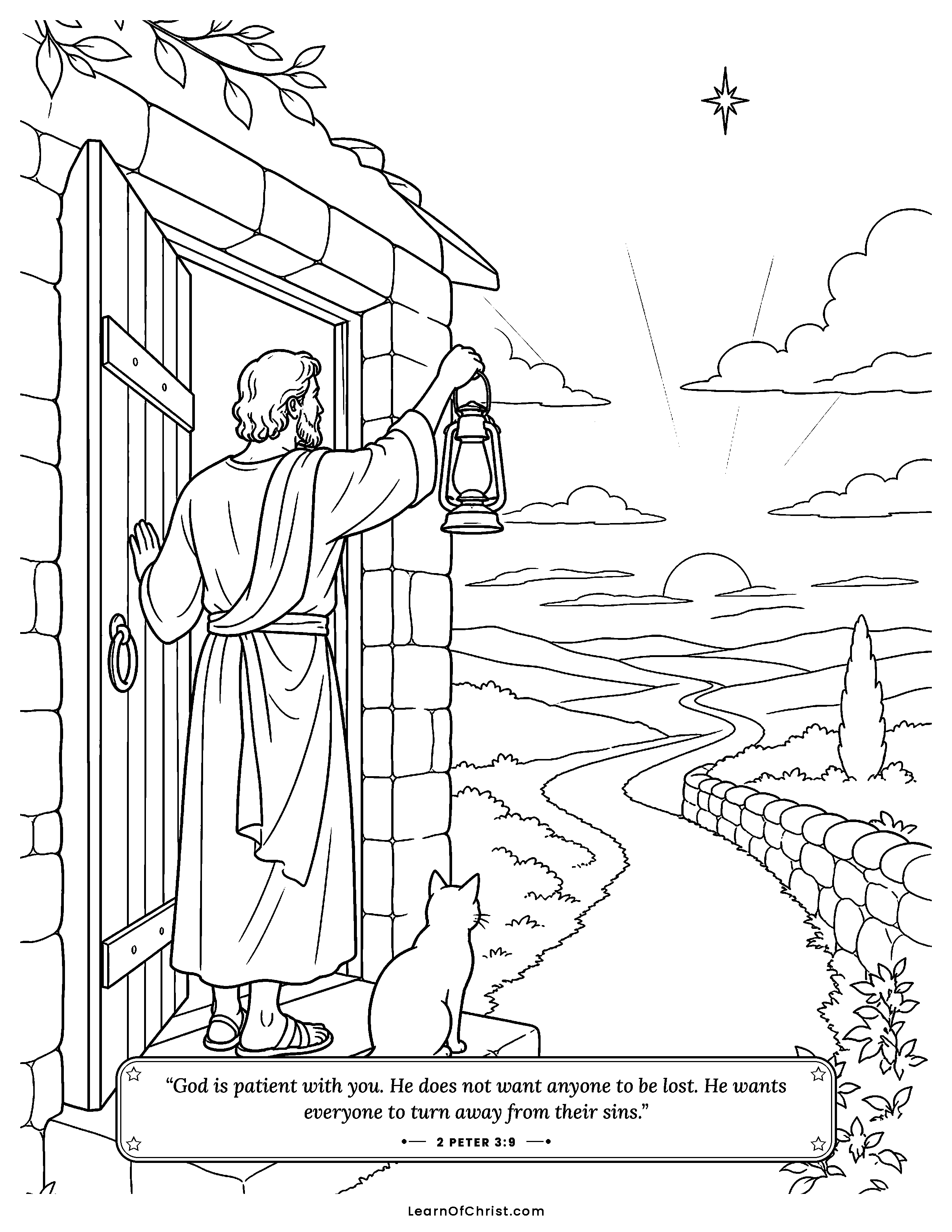 2 Peter 3 coloring page - A door held open along the road. Free printable Bible coloring sheet for kids.