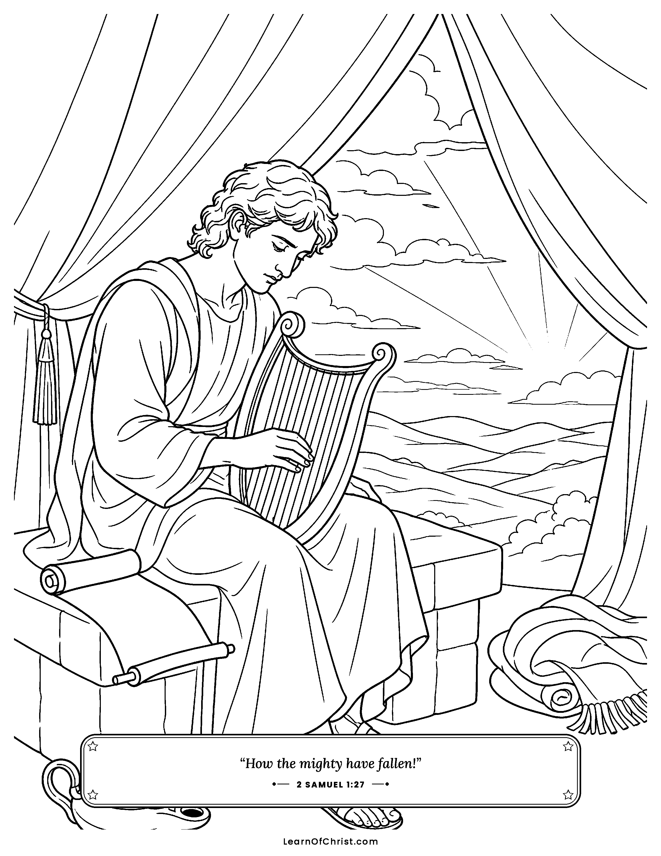 2 Samuel 1 coloring page - David writes a song remembering his friend. Free printable Bible coloring sheet for kids.