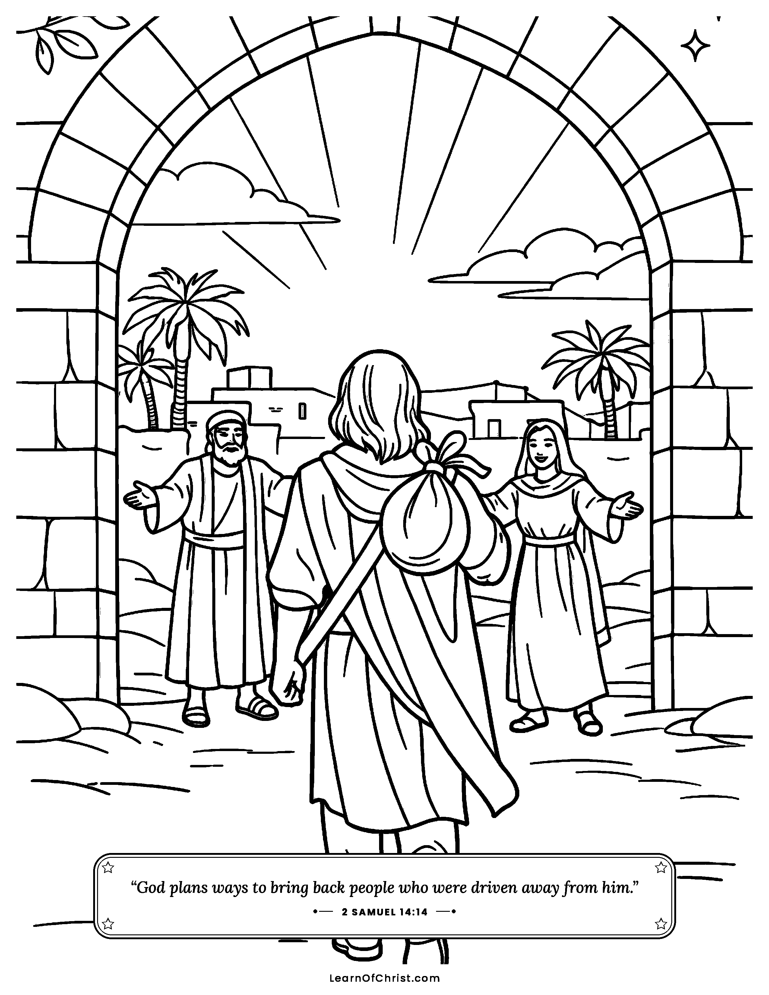 2 Samuel 14 coloring page - Absalom comes back home to the city. Free printable Bible coloring sheet for kids.