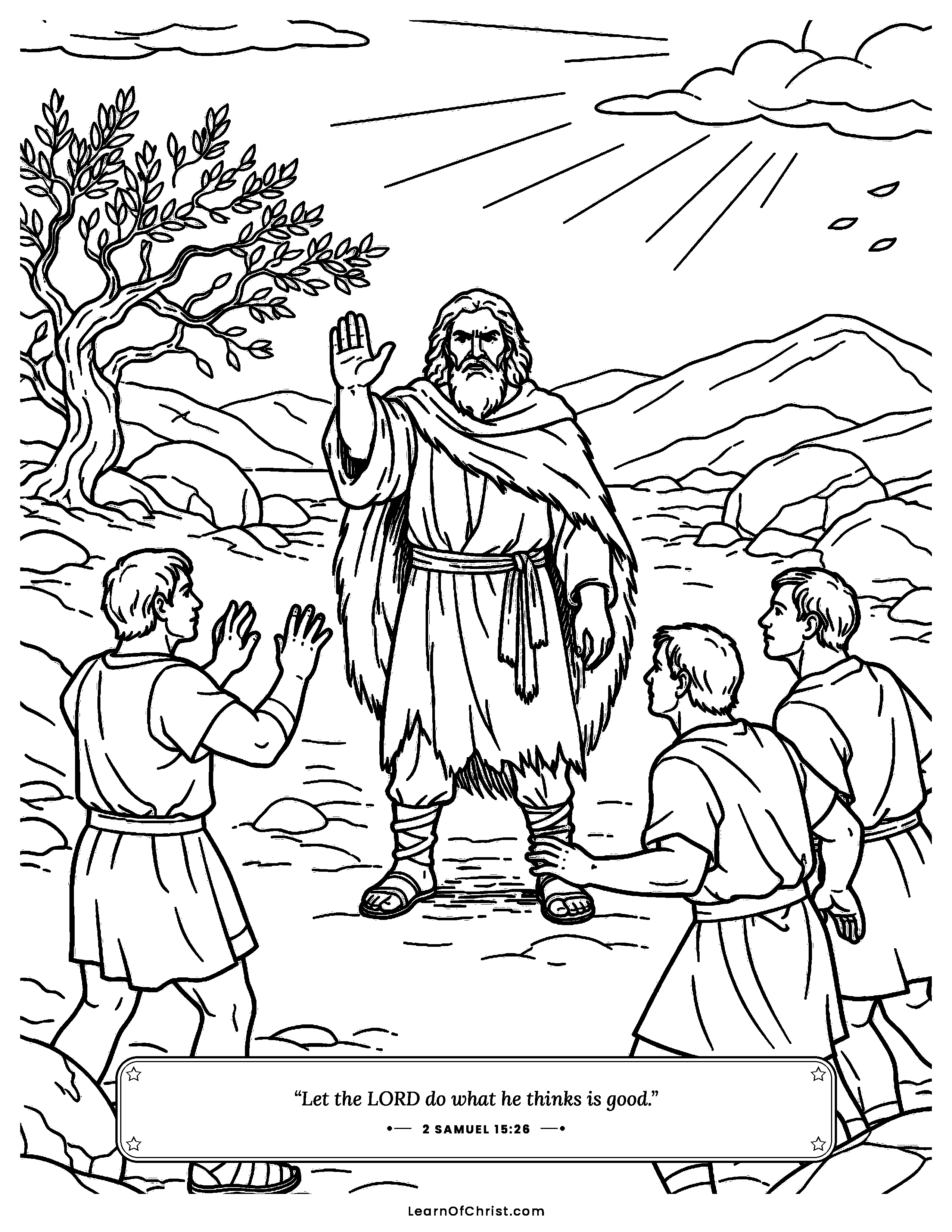 2 Samuel 15 coloring page - David walks out of the city with friends. Free printable Bible coloring sheet for kids.