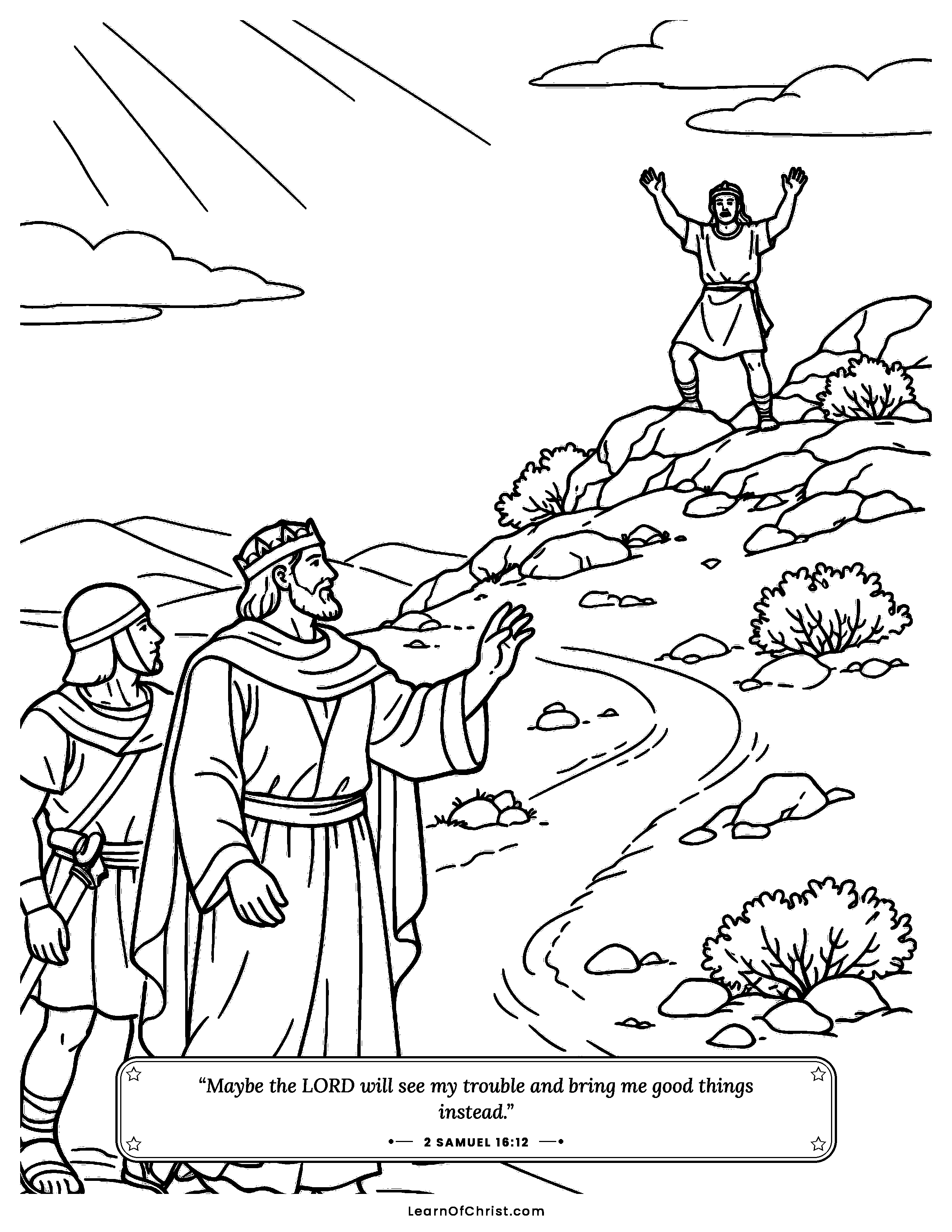 2 Samuel 16 coloring page - David stays calm on the dusty road. Free printable Bible coloring sheet for kids.